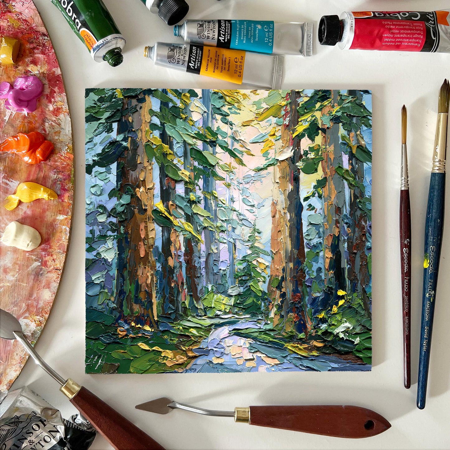 Redwood forest oil painting: sequoia landscape impasto art with palette knife texture woodland scene