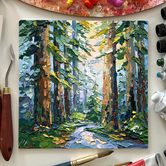 Redwood forest oil painting: sequoia landscape impasto art with palette knife texture woodland scene