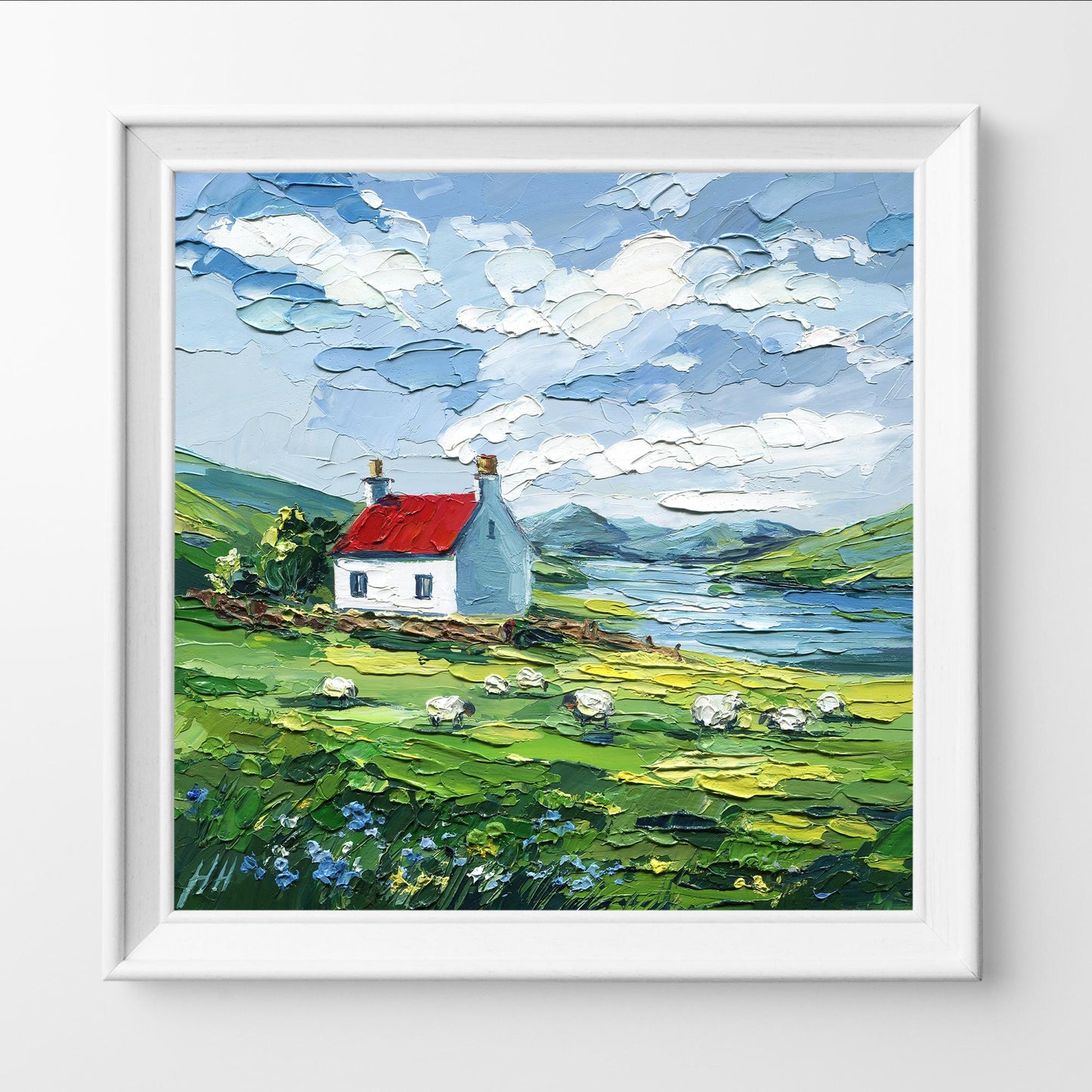 Scottish cottage oil painting with sheep, red roof landscape impasto art, palette knife textured countryside lake scene