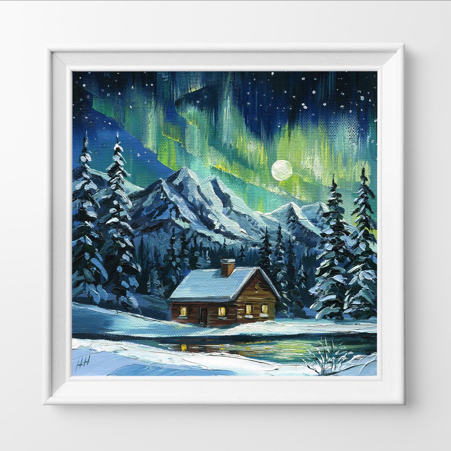 Northern lights oil painting, winter cabin landscape art, snowy mountains, original aurora borealis artwork