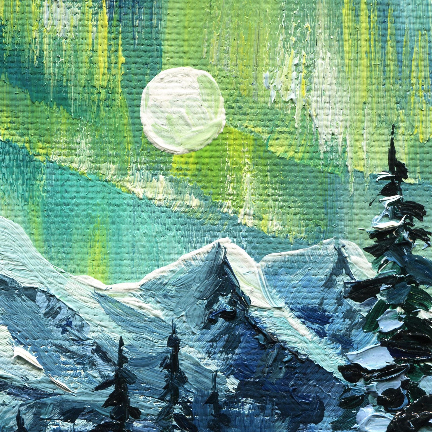 Northern lights oil painting, winter cabin landscape art, snowy mountains, original aurora borealis artwork