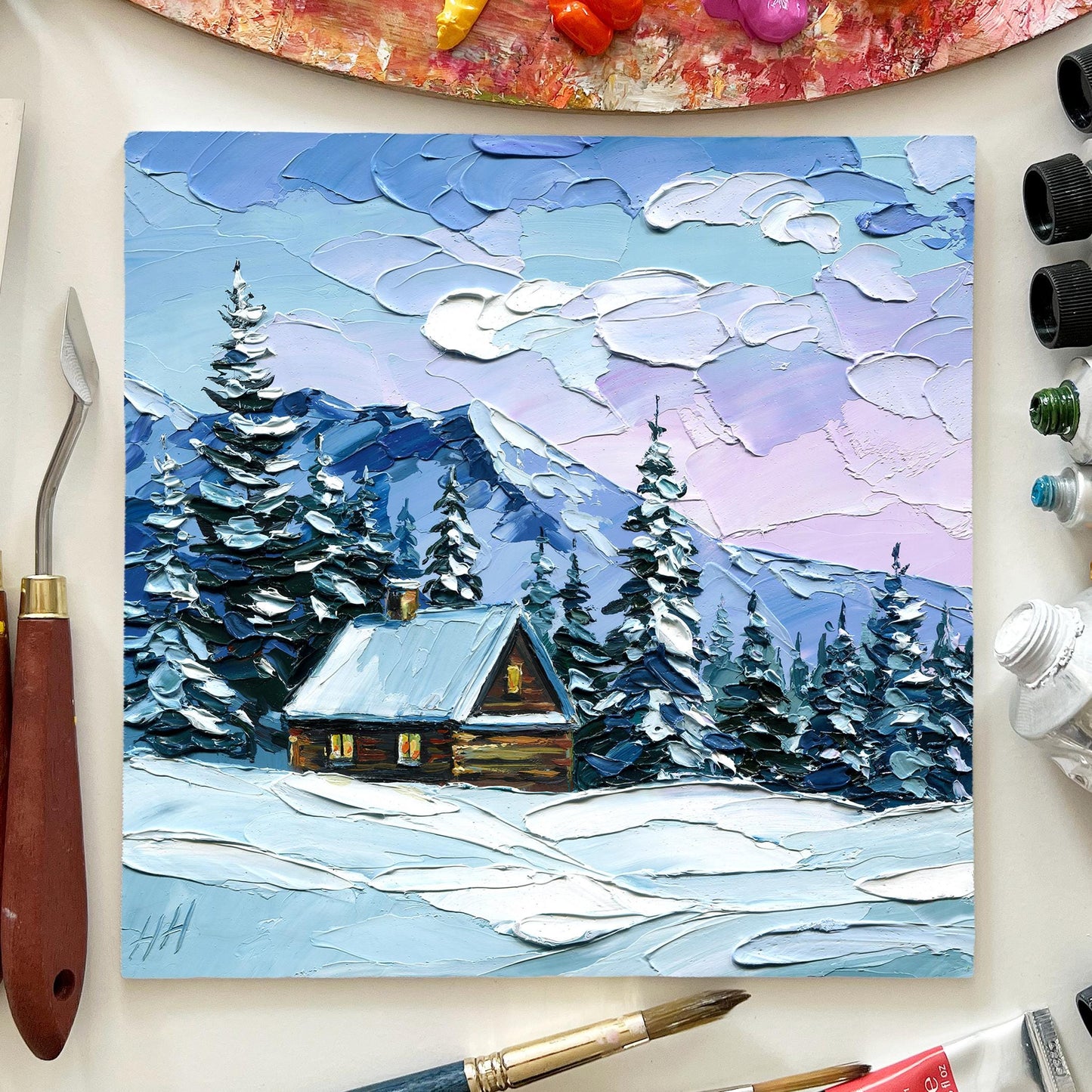 Winter Cabin Memory – Original Snowy Mountain Oil Painting by Hanna Hryharenka