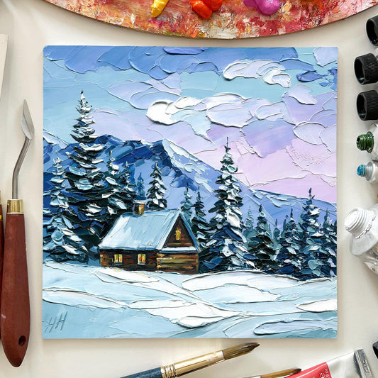 Winter Cabin Memory – Original Snowy Mountain Oil Painting by Hanna Hryharenka