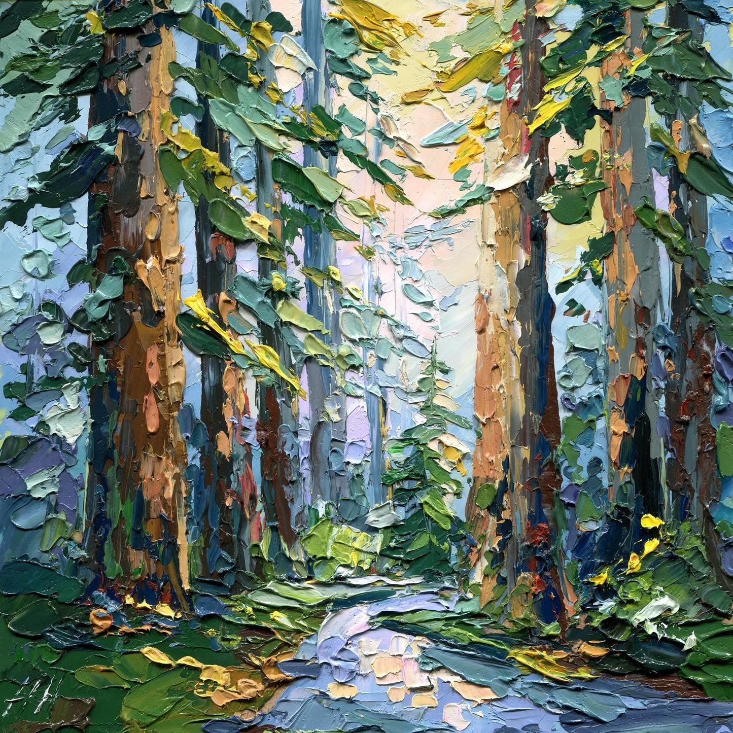 Redwood forest oil painting: sequoia landscape impasto art with palette knife texture woodland scene