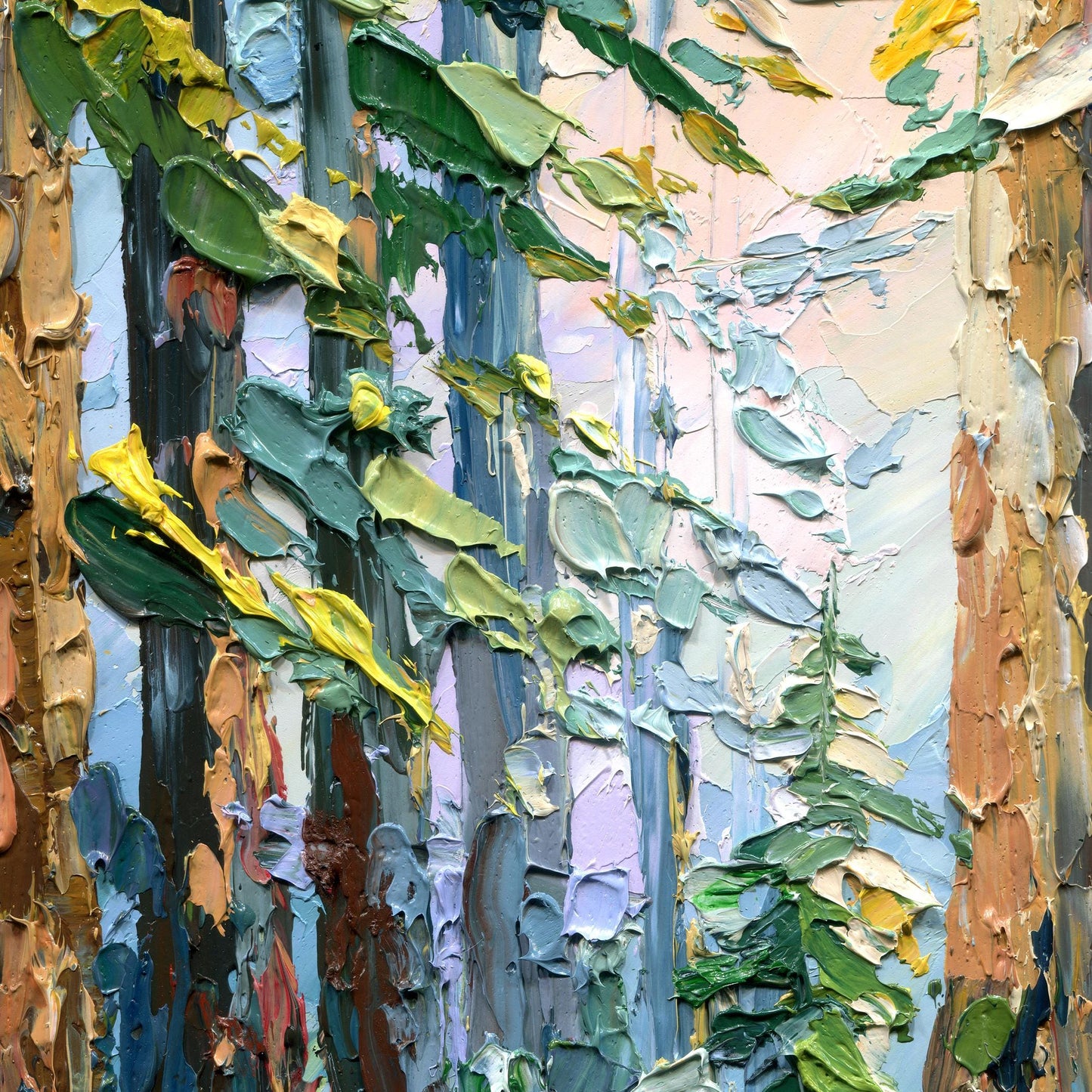 Redwood forest oil painting: sequoia landscape impasto art with palette knife texture woodland scene