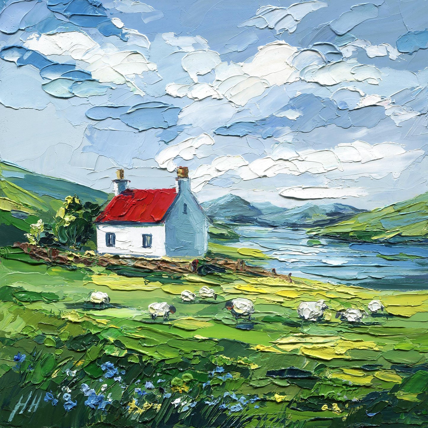 Scottish cottage oil painting with sheep, red roof landscape impasto art, palette knife textured countryside lake scene