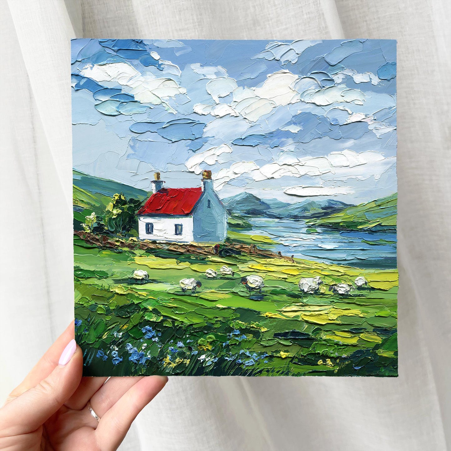Scottish cottage oil painting with sheep, red roof landscape impasto art, palette knife textured countryside lake scene