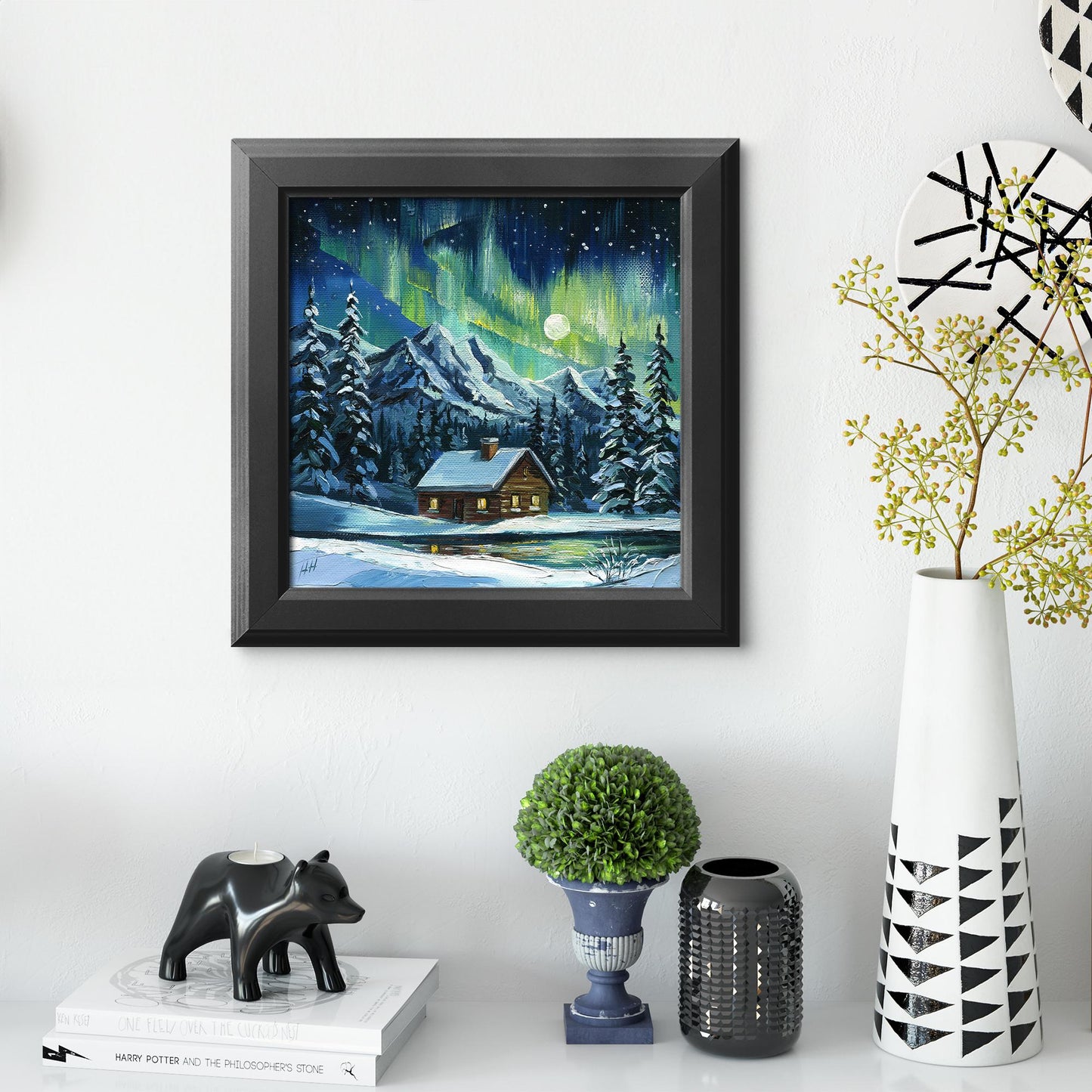 Northern lights oil painting, winter cabin landscape art, snowy mountains, original aurora borealis artwork