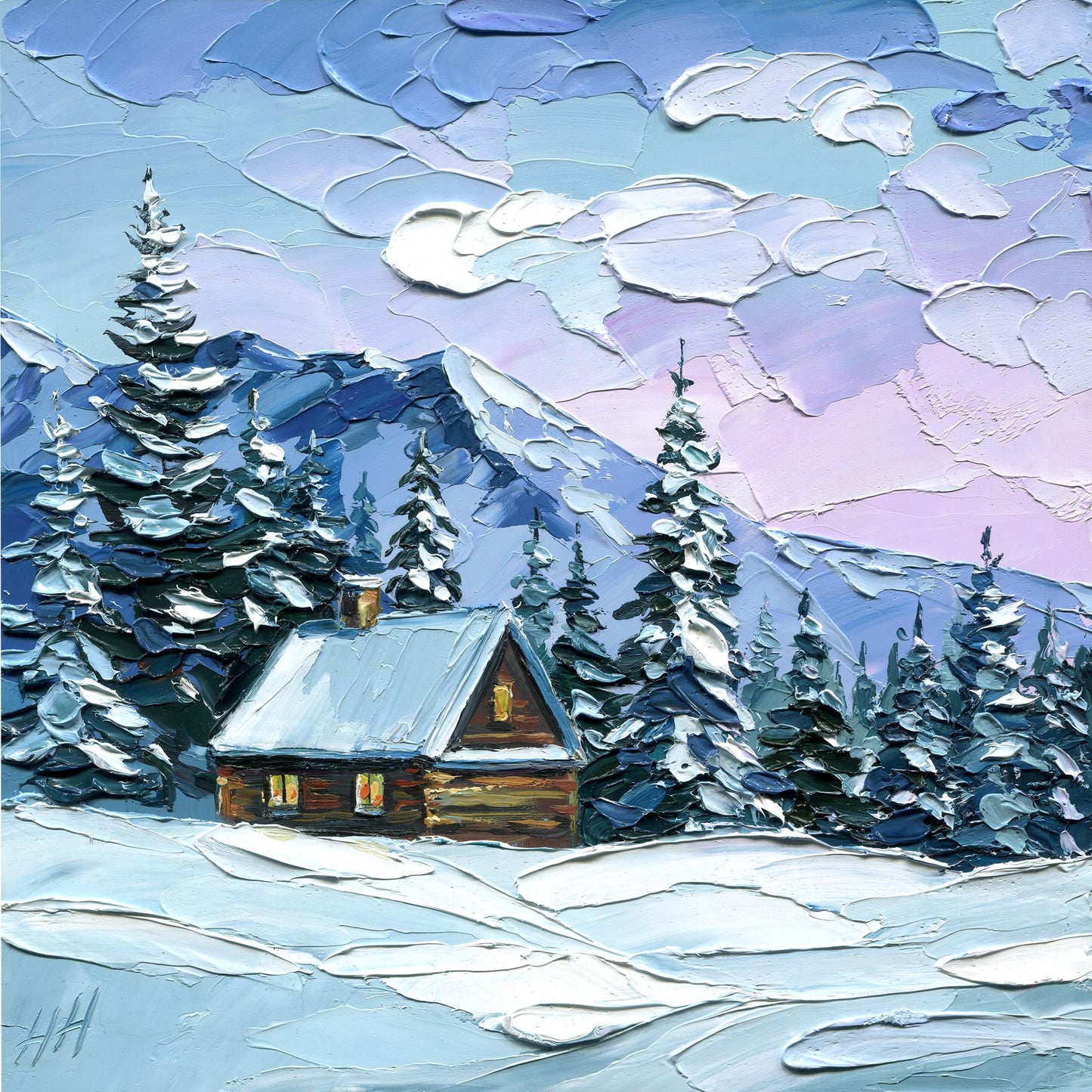 Winter Cabin Memory – Original Snowy Mountain Oil Painting by Hanna Hryharenka