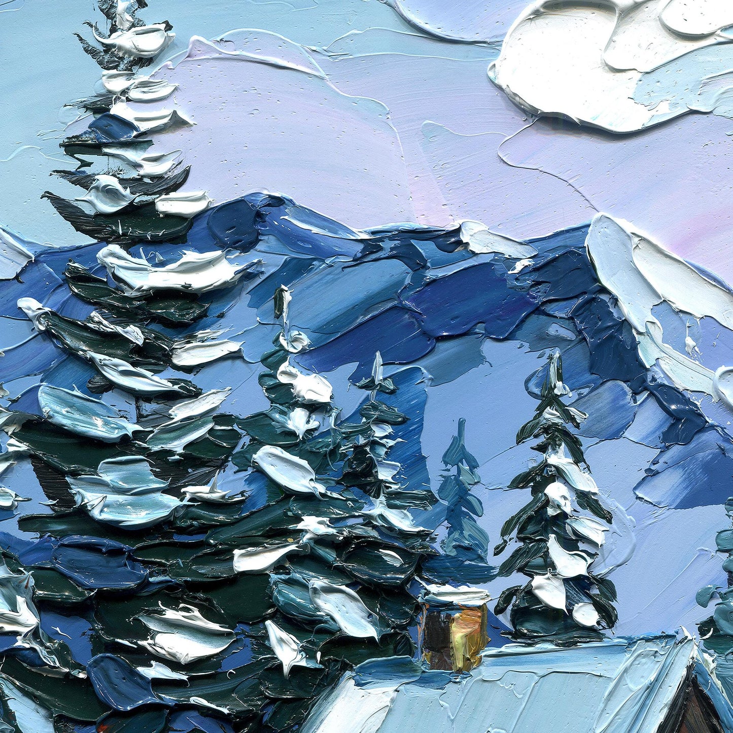 Winter Cabin Memory – Original Snowy Mountain Oil Painting by Hanna Hryharenka