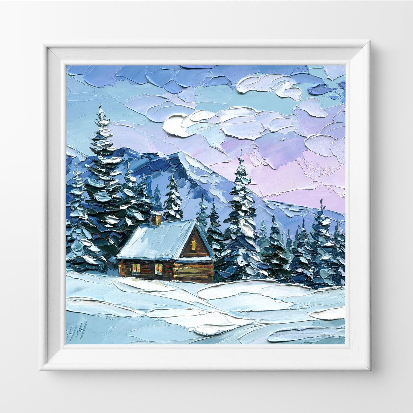 Winter Cabin Memory – Original Snowy Mountain Oil Painting by Hanna Hryharenka