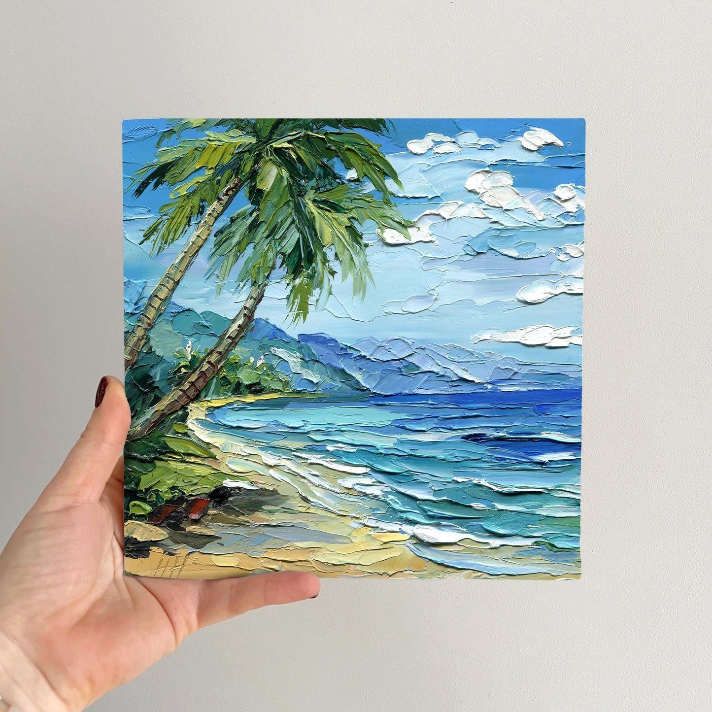 Hawaii oil painting: tropical beach seascape with palm trees in impasto palette knife technique