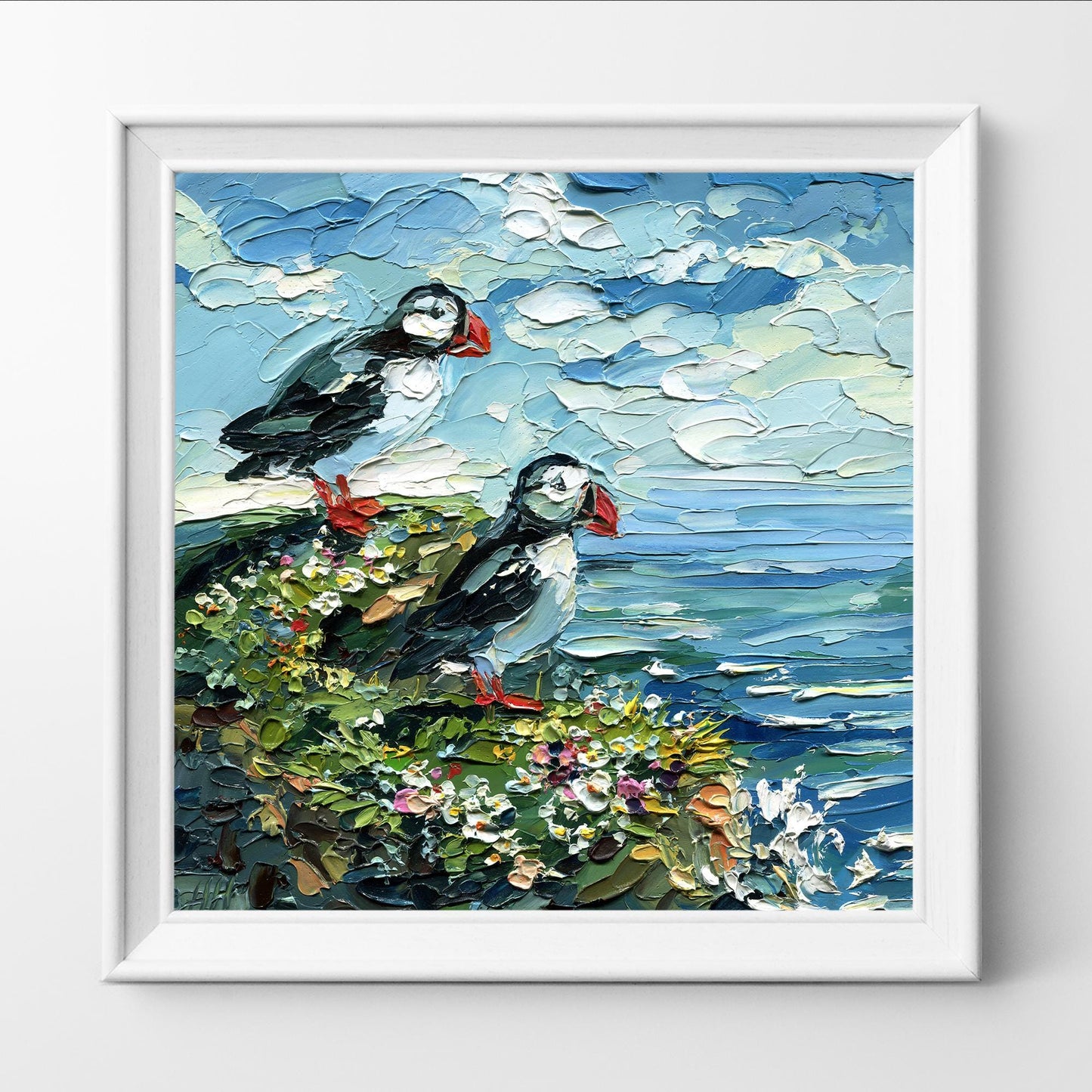 Original Ocean birds art, Puffin oil Painting, textured Coastal Seabird, cliff palette knife