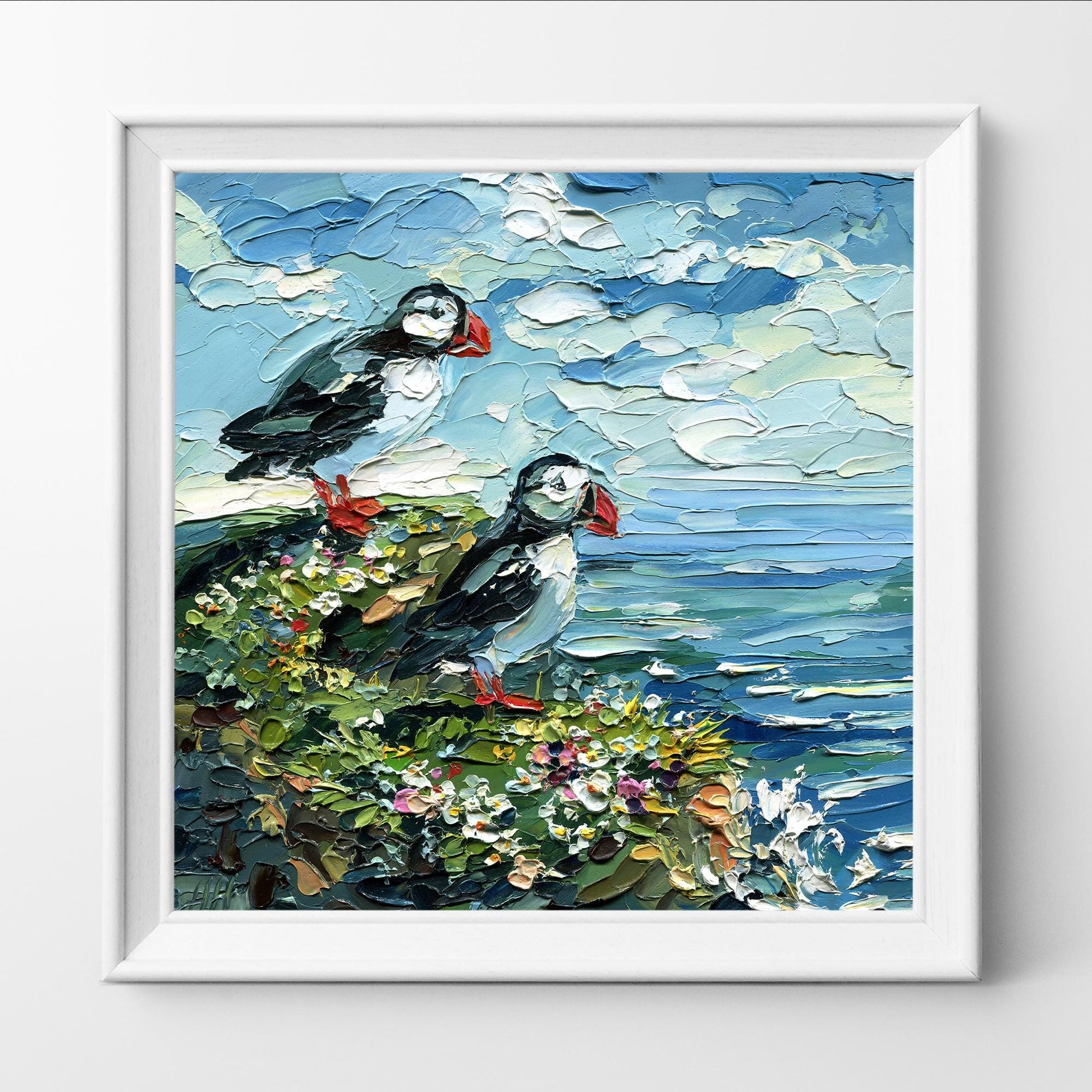 Original Ocean birds art, Puffin oil Painting, textured Coastal Seabird, cliff palette knife