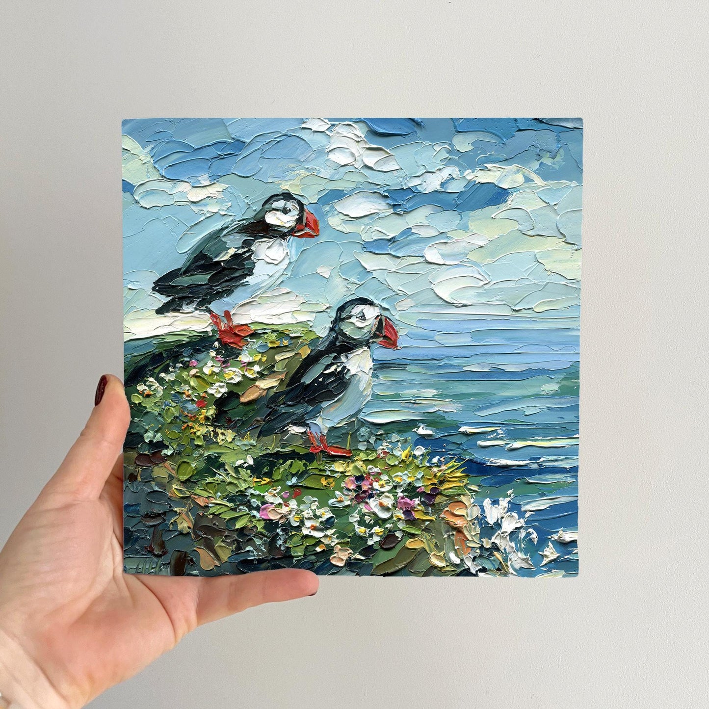 Original Ocean birds art, Puffin oil Painting, textured Coastal Seabird, cliff palette knife