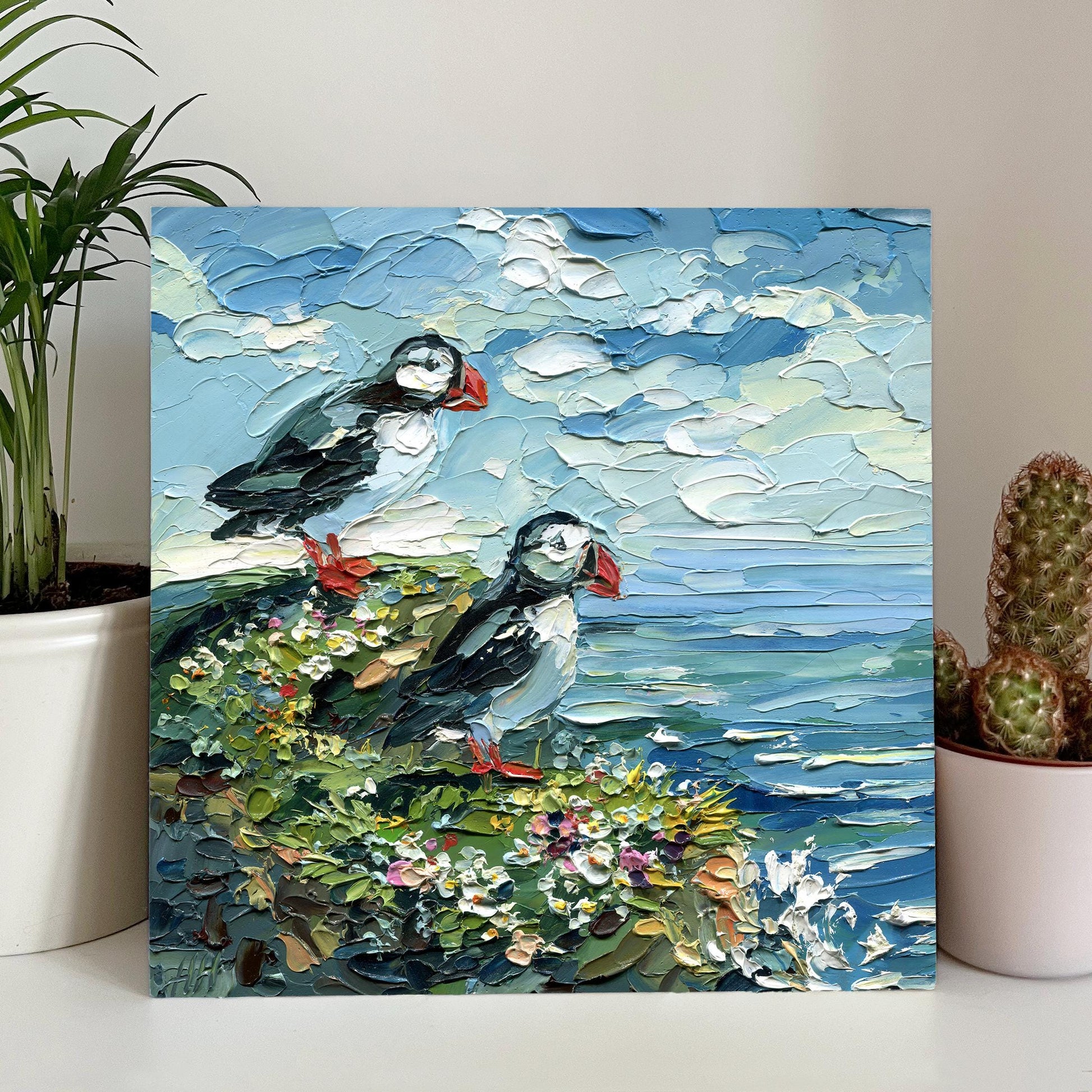 Original Ocean birds art, Puffin oil Painting, textured Coastal Seabird, cliff palette knife