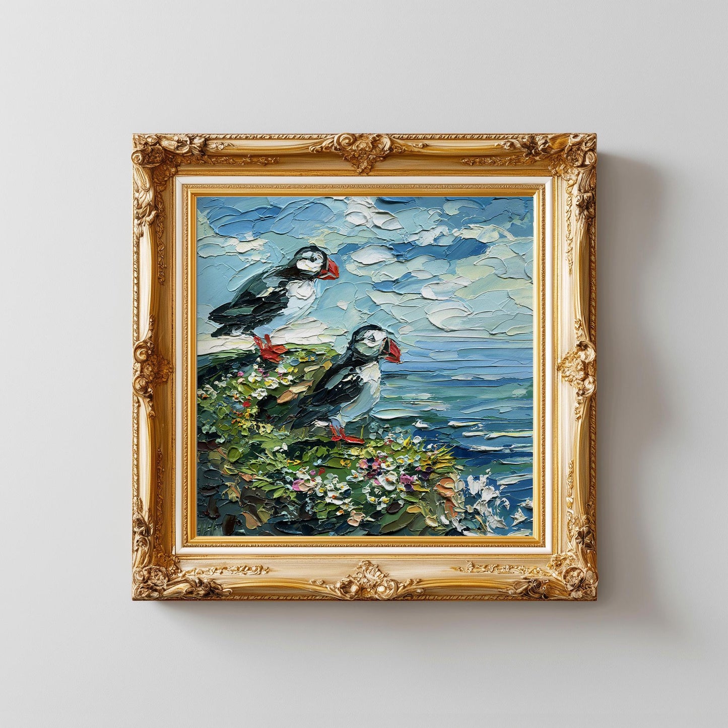 Original Ocean birds art, Puffin oil Painting, textured Coastal Seabird, cliff palette knife