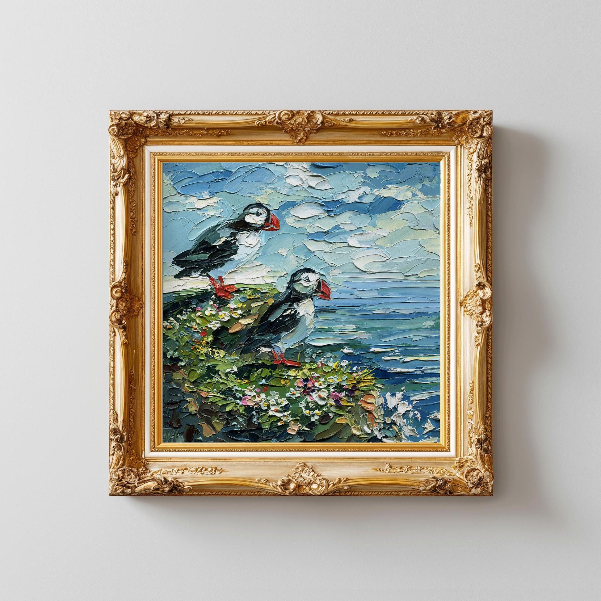 Original Ocean birds art, Puffin oil Painting, textured Coastal Seabird, cliff palette knife