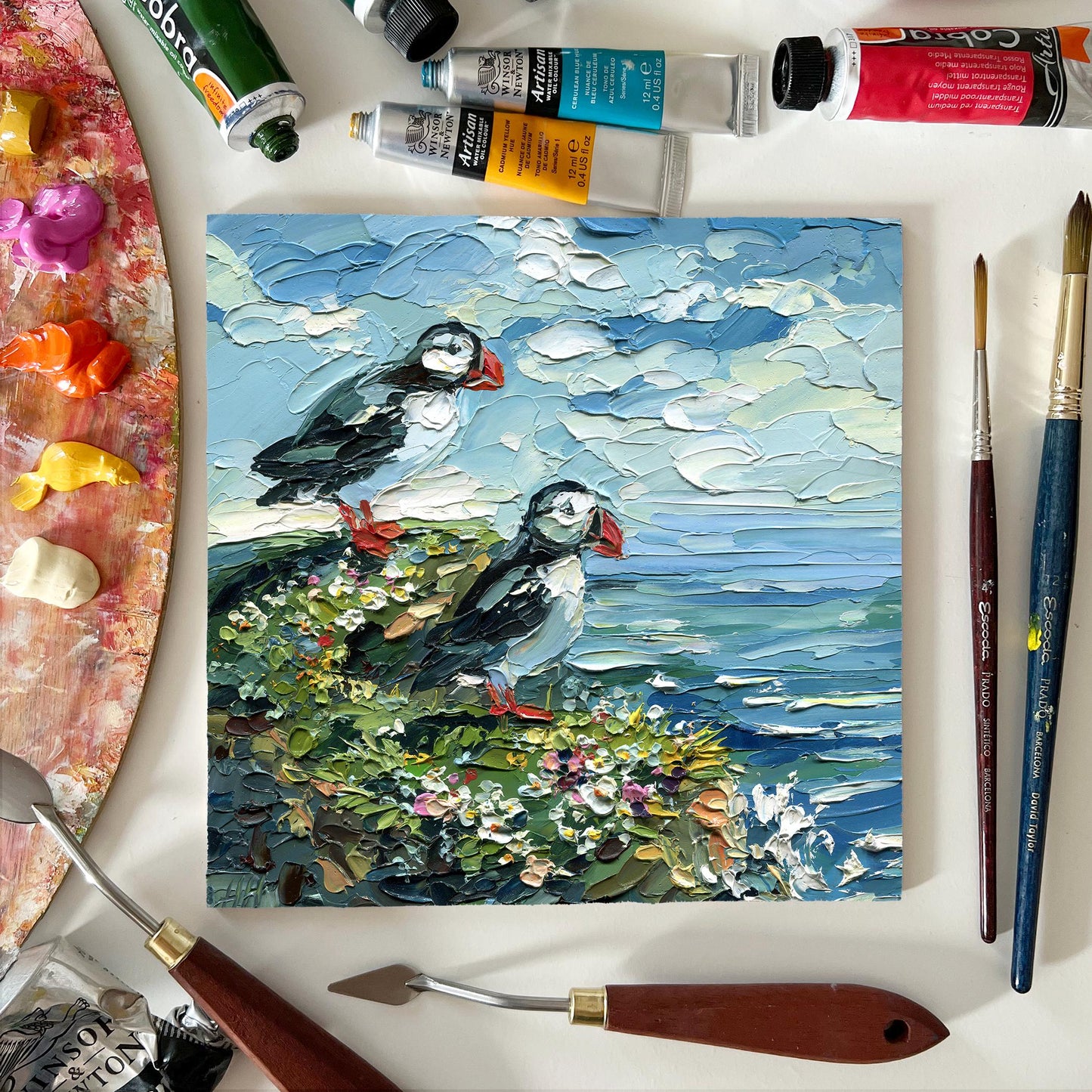 Original Ocean birds art, Puffin oil Painting, textured Coastal Seabird, cliff palette knife