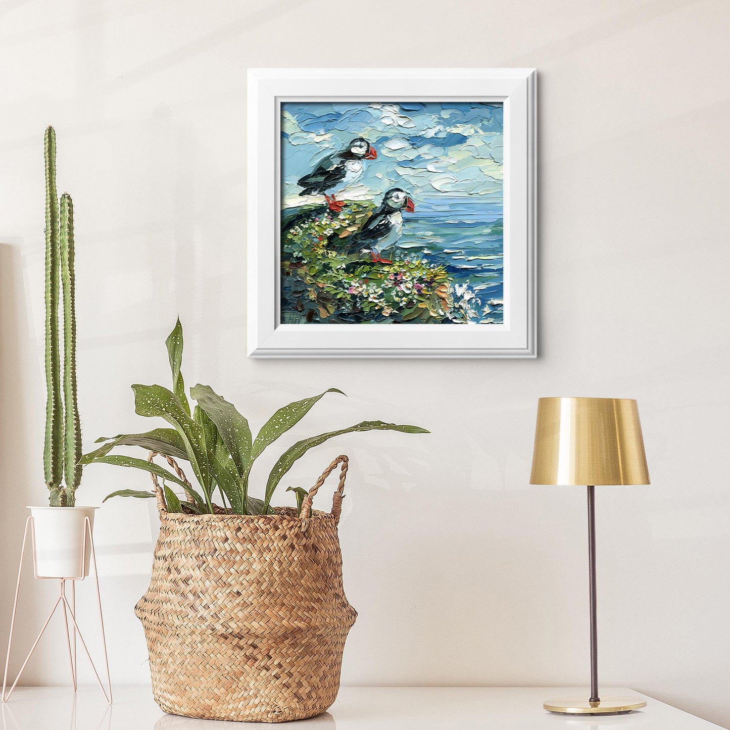Original Ocean birds art, Puffin oil Painting, textured Coastal Seabird, cliff palette knife