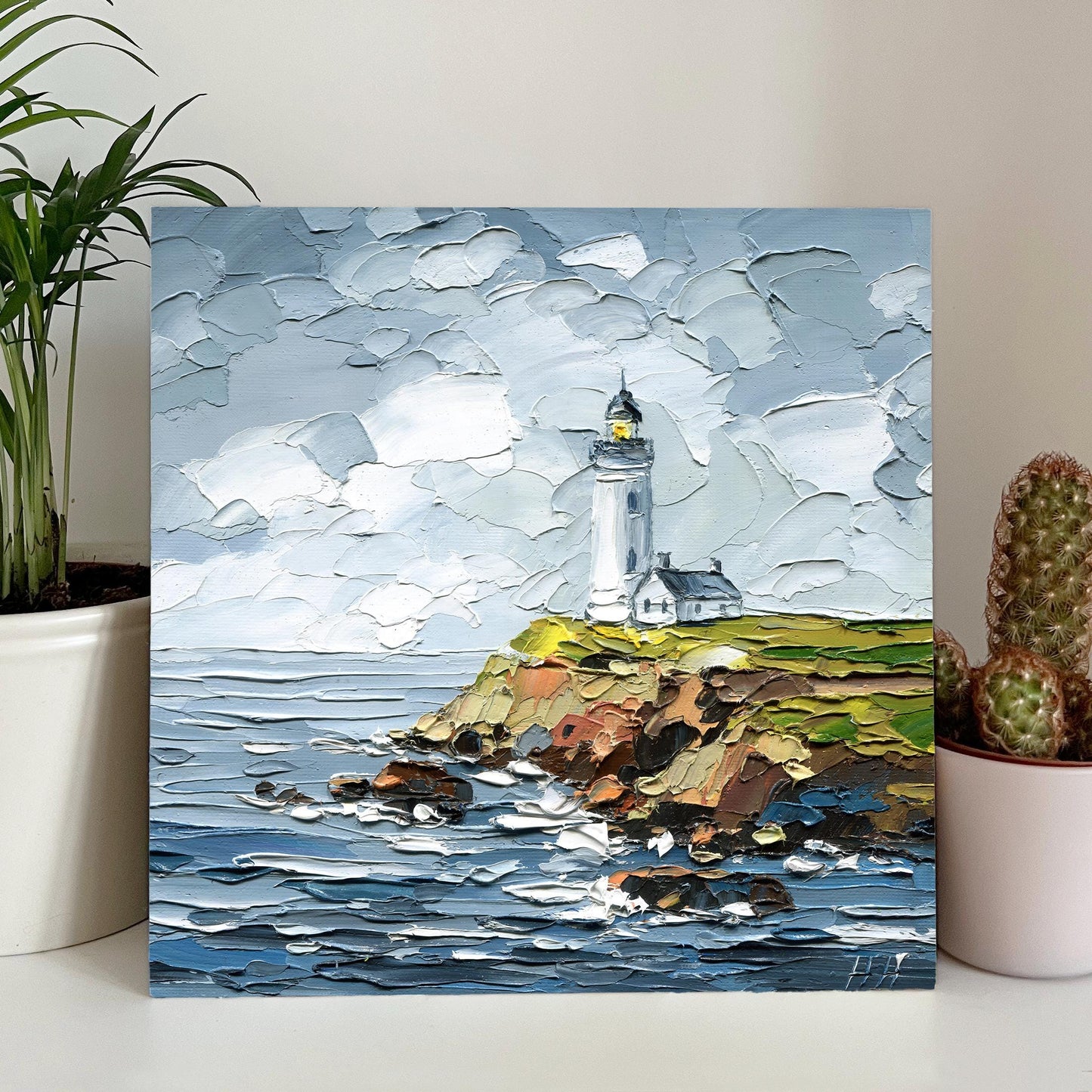 lighthouse Oil Painting: Pigeon Point Coastal Seascape Art, Original Rocky Cliffs, Impasto Ocean Waves