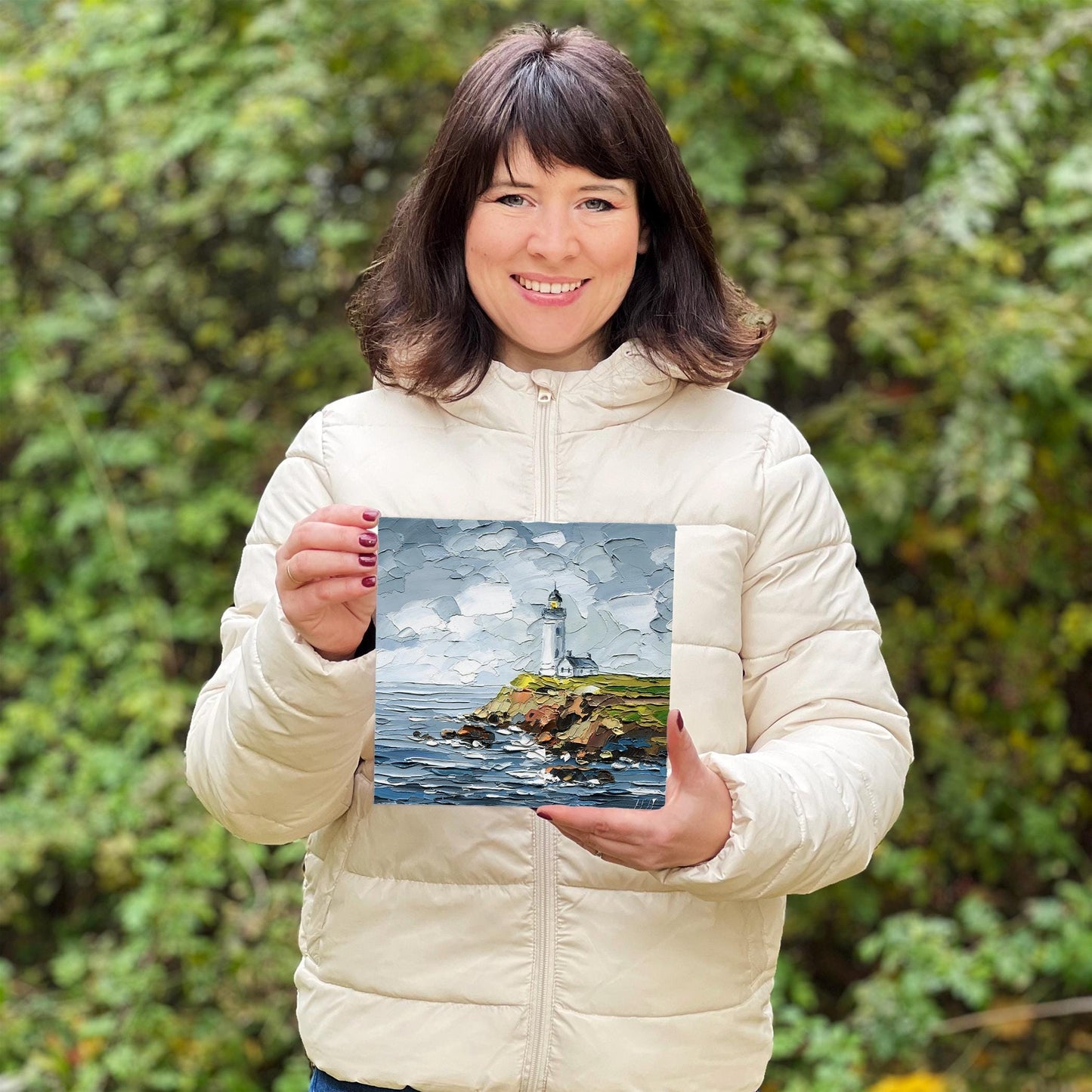 lighthouse Oil Painting: Pigeon Point Coastal Seascape Art, Original Rocky Cliffs, Impasto Ocean Waves