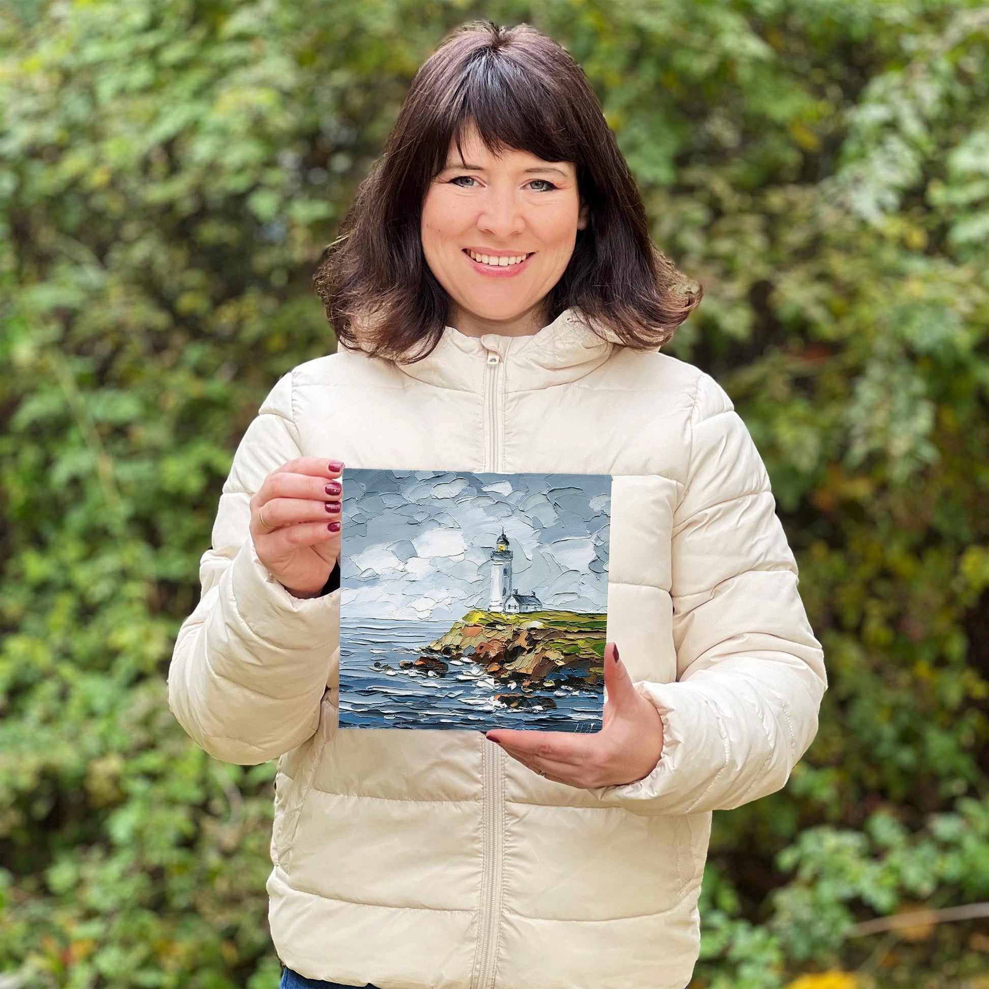 lighthouse Oil Painting: Pigeon Point Coastal Seascape Art, Original Rocky Cliffs, Impasto Ocean Waves