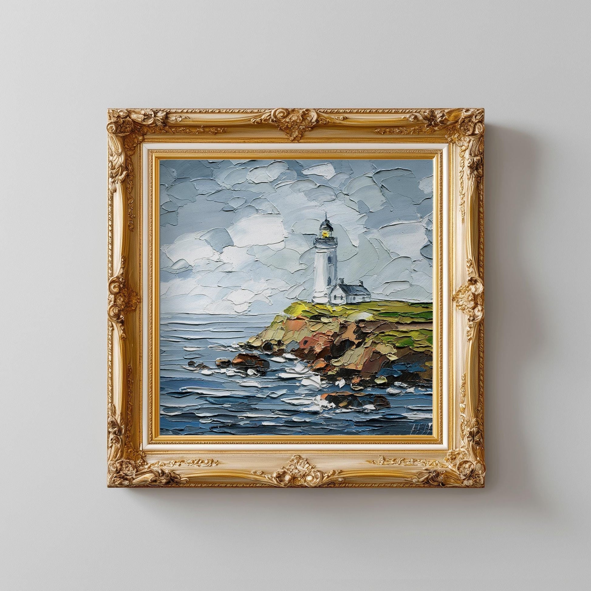 lighthouse Oil Painting: Pigeon Point Coastal Seascape Art, Original Rocky Cliffs, Impasto Ocean Waves