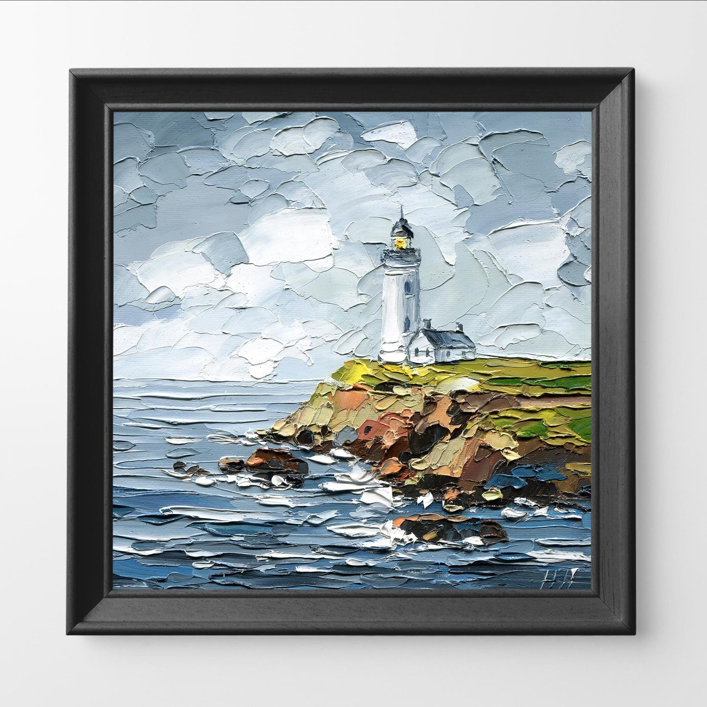 lighthouse Oil Painting: Pigeon Point Coastal Seascape Art, Original Rocky Cliffs, Impasto Ocean Waves