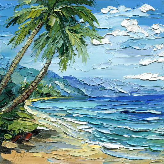 Hawaii oil painting: tropical beach seascape with palm trees in impasto palette knife technique
