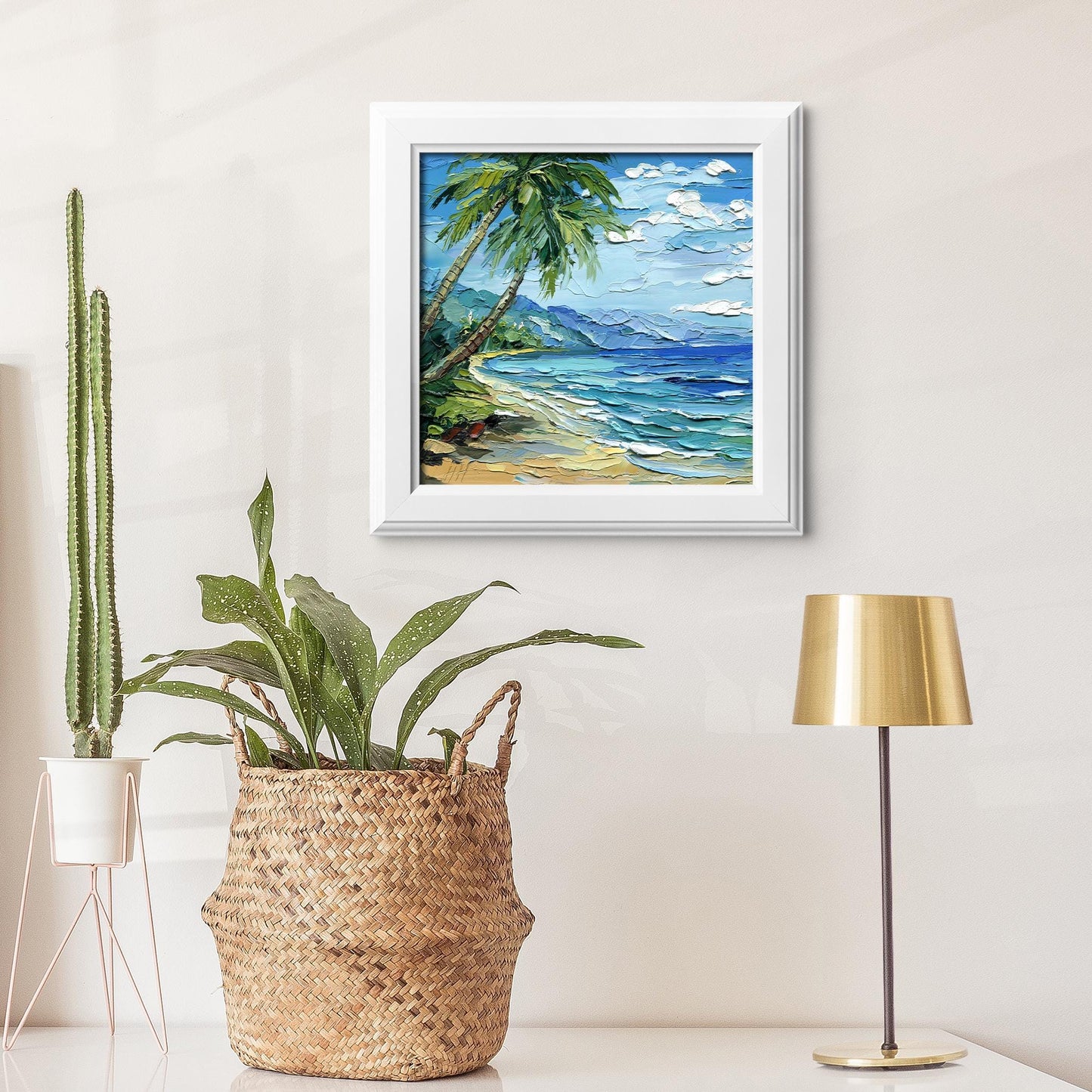 Hawaii oil painting: tropical beach seascape with palm trees in impasto palette knife technique