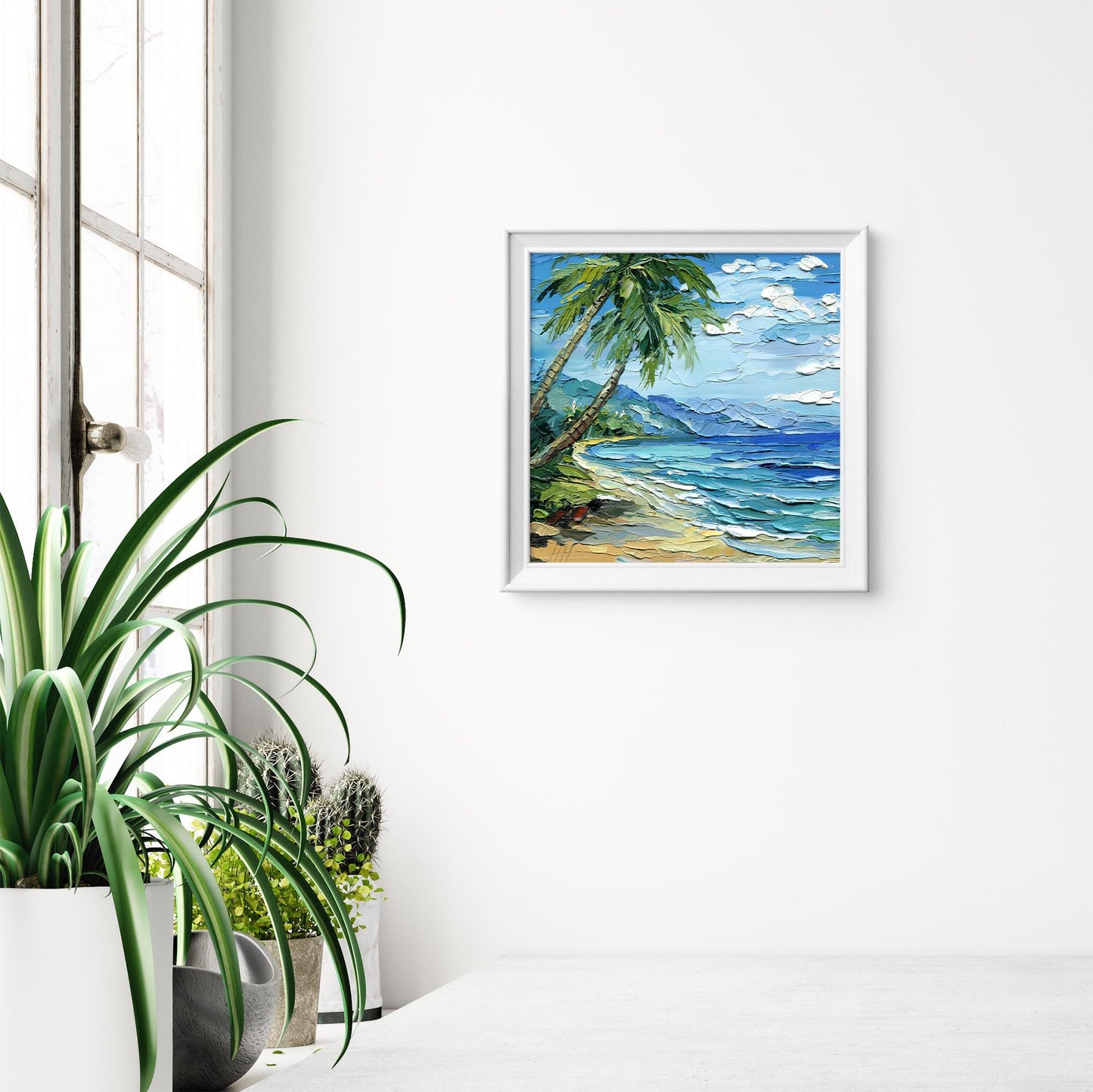 Hawaii oil painting: tropical beach seascape with palm trees in impasto palette knife technique