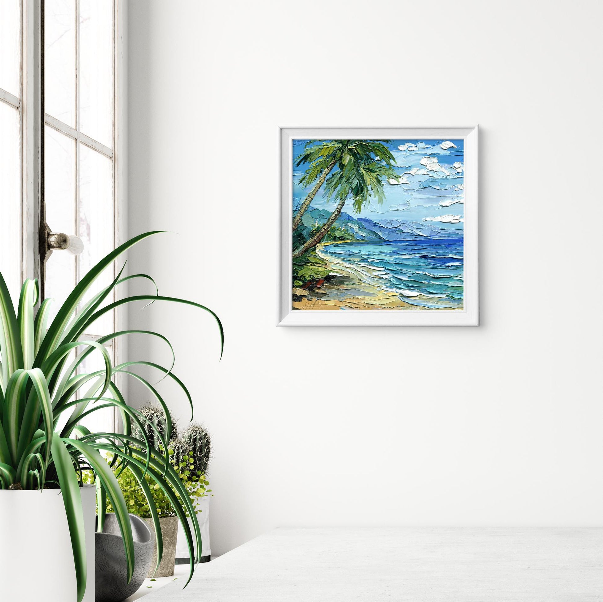 Hawaii oil painting: tropical beach seascape with palm trees in impasto palette knife technique