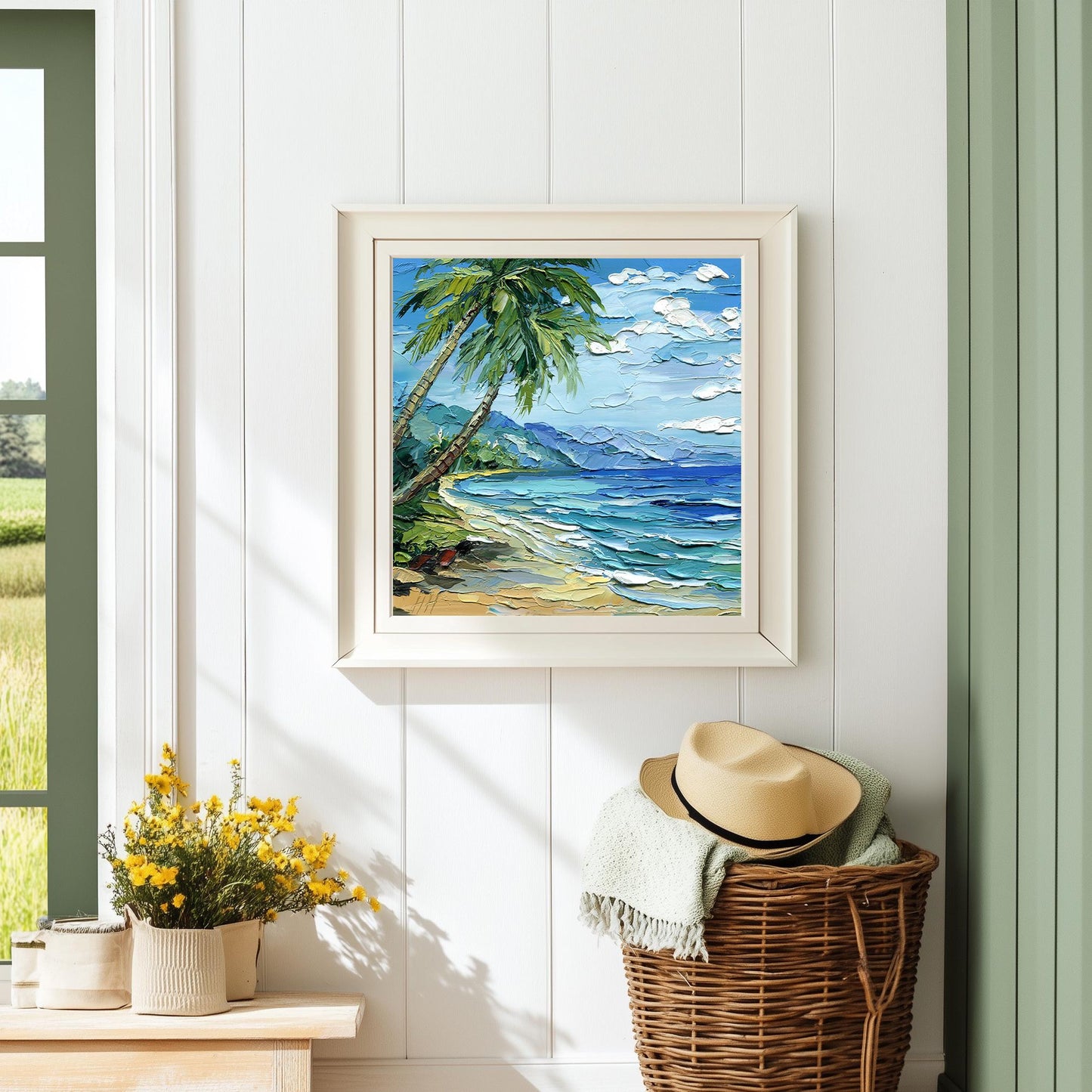Hawaii oil painting: tropical beach seascape with palm trees in impasto palette knife technique