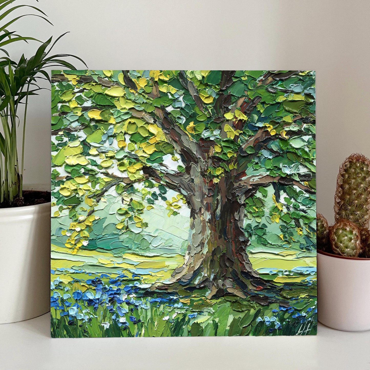 Oak Tree Oil Painting: Textured Landscape Valley, Original Impasto Palette Knife Art
