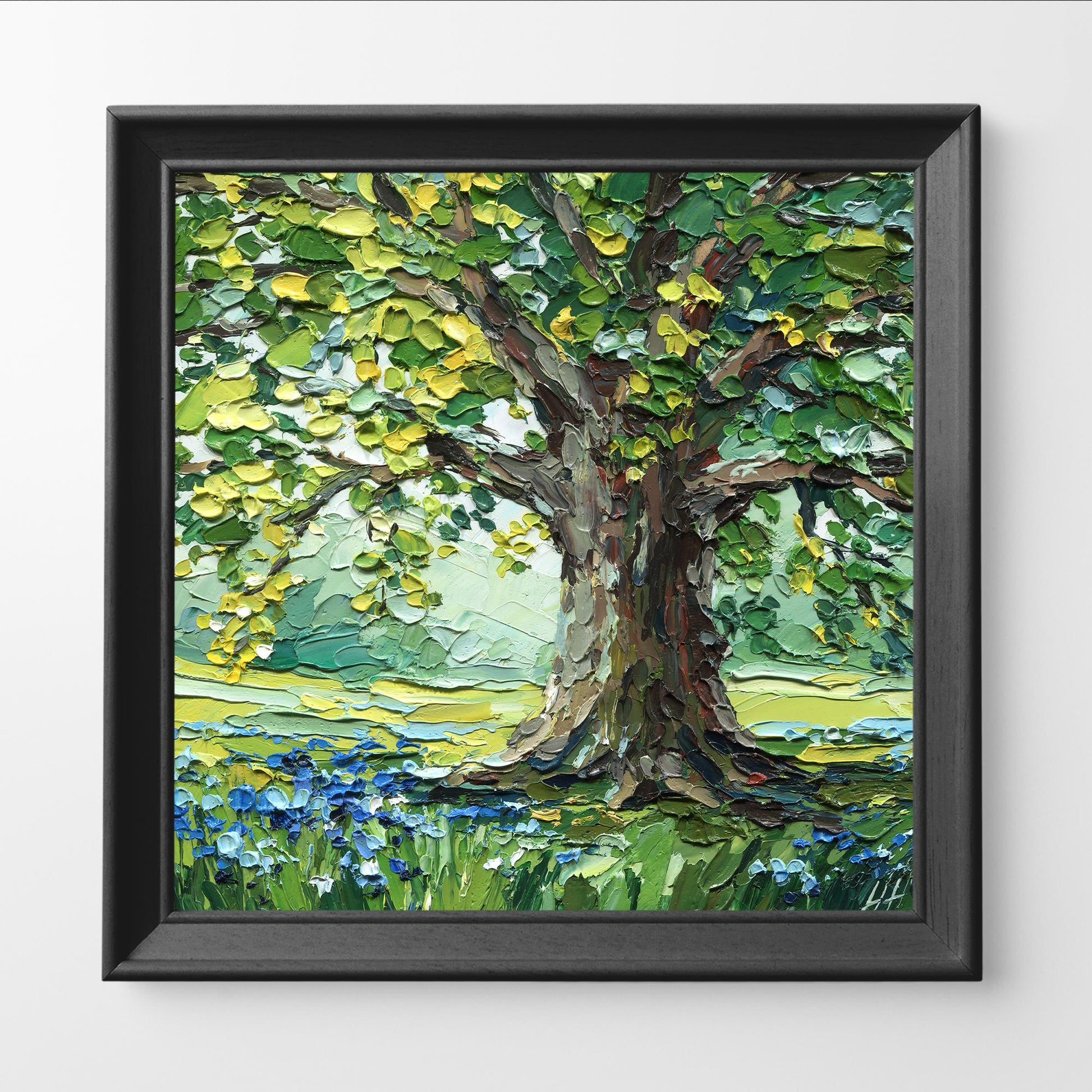 Oak Tree Oil Painting: Textured Landscape Valley, Original Impasto Palette Knife Art