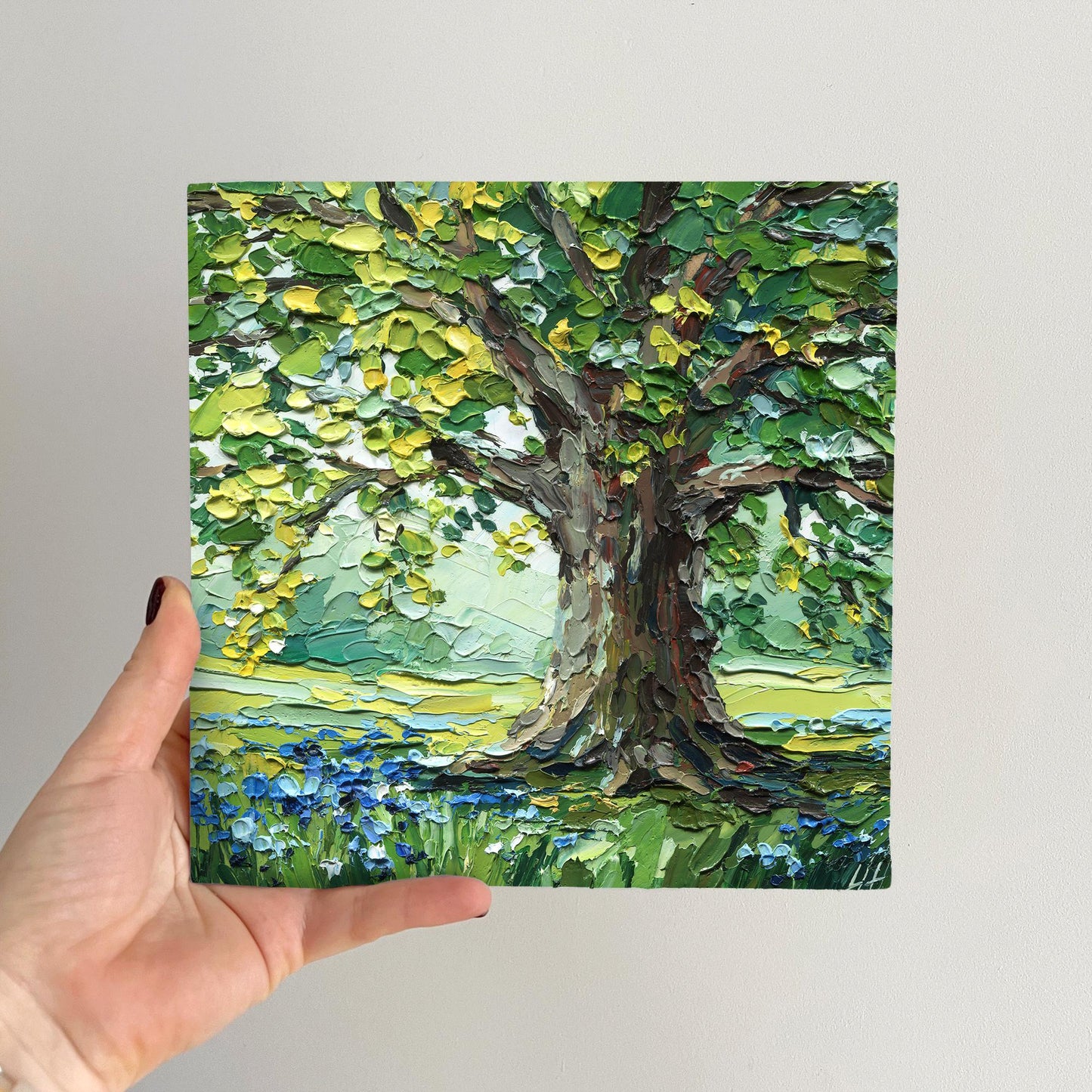 Oak Tree Oil Painting: Textured Landscape Valley, Original Impasto Palette Knife Art