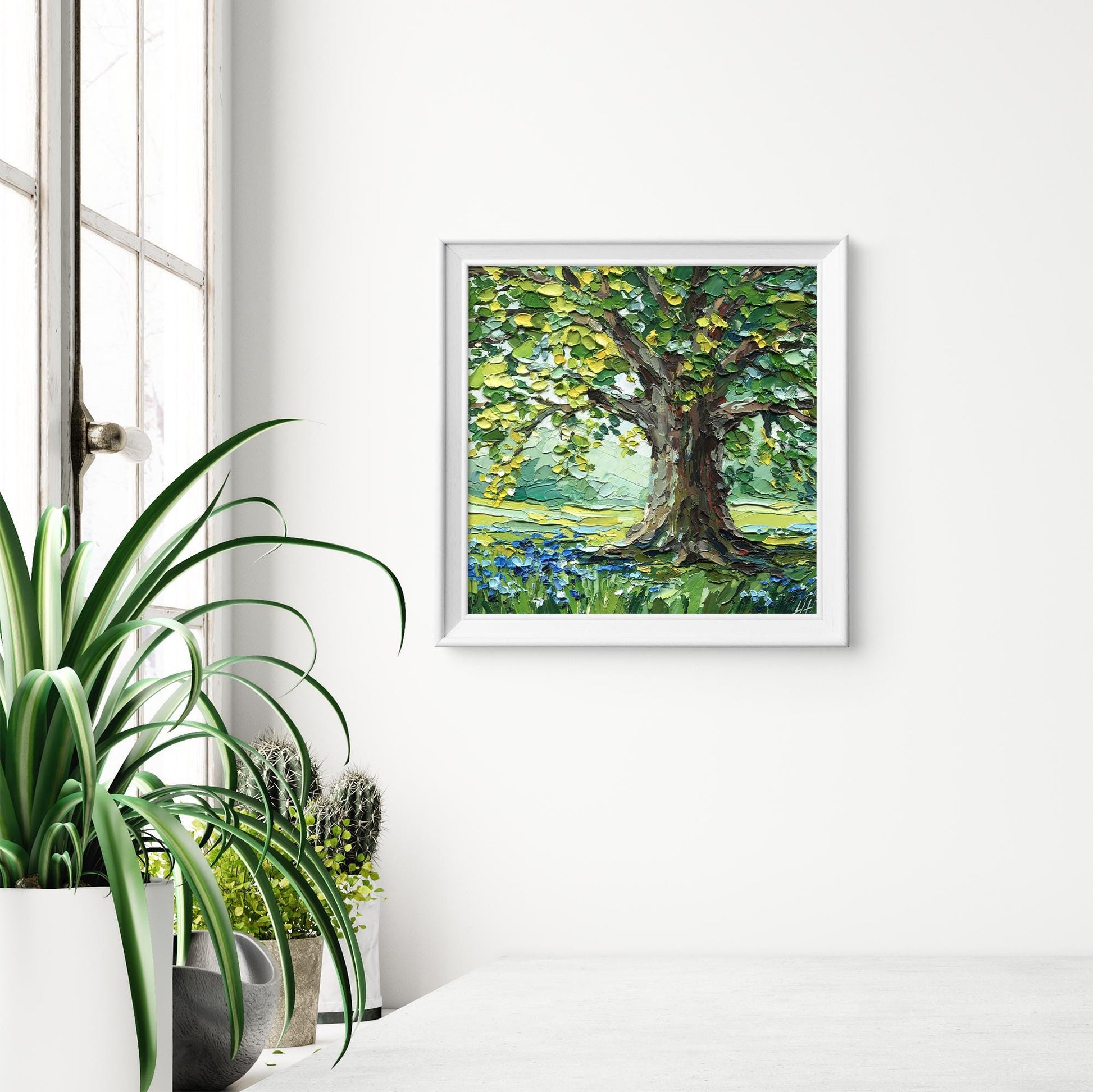 Oak Tree Oil Painting: Textured Landscape Valley, Original Impasto Palette Knife Art