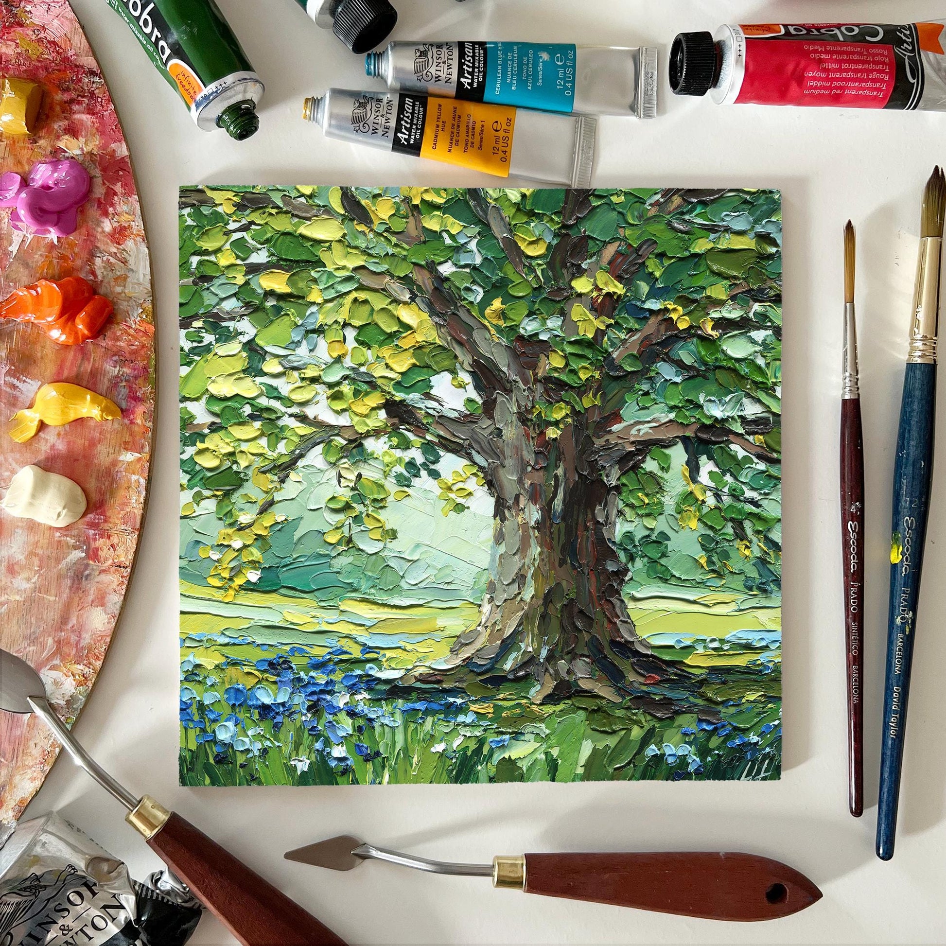 Oak Tree Oil Painting: Textured Landscape Valley, Original Impasto Palette Knife Art