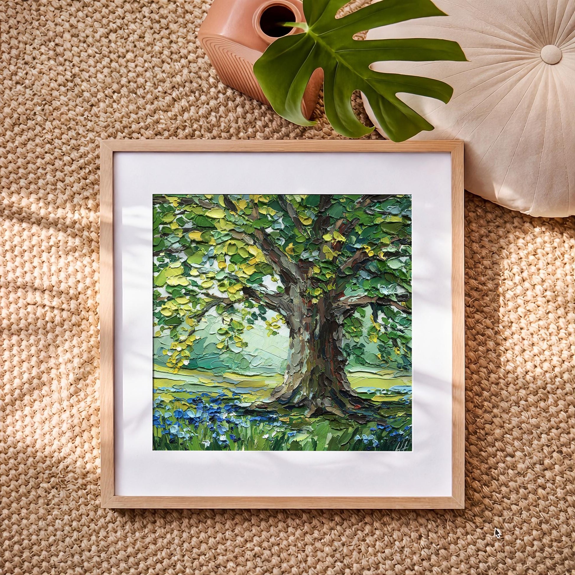 Oak Tree Oil Painting: Textured Landscape Valley, Original Impasto Palette Knife Art