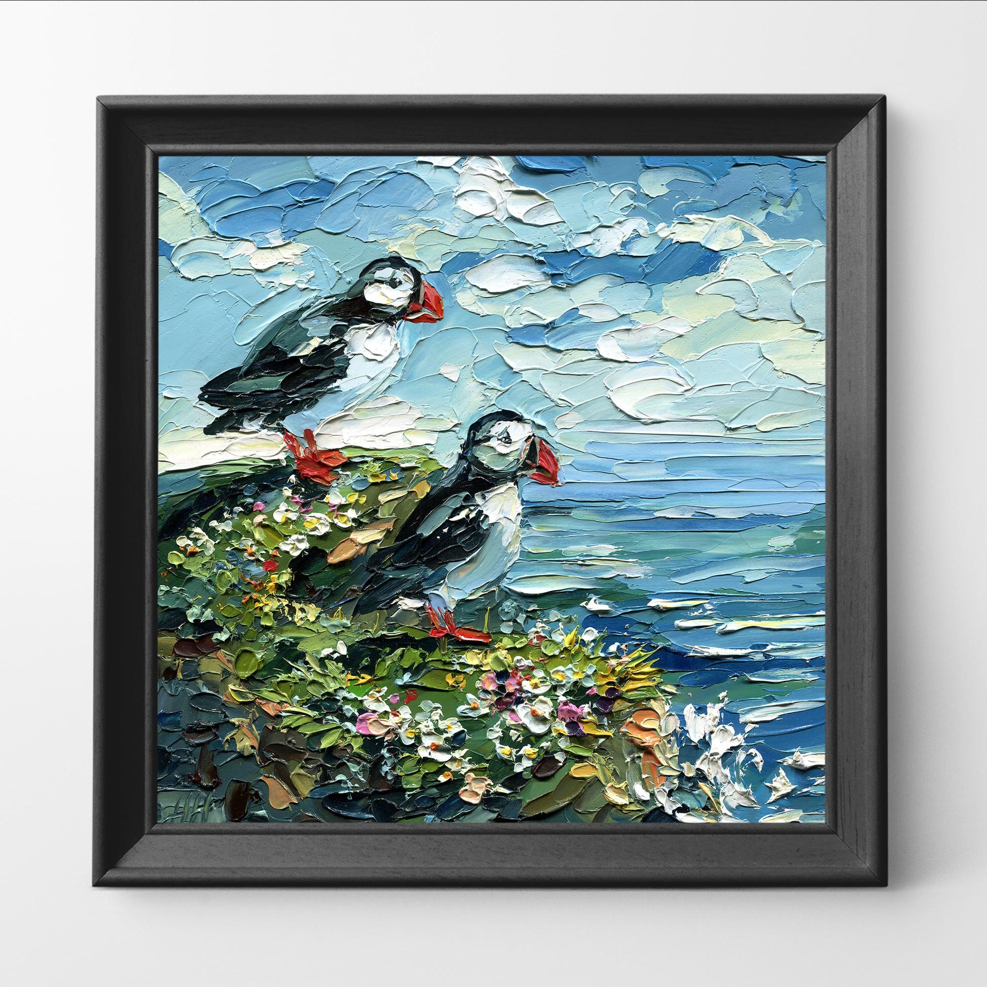 Original Ocean birds art, Puffin oil Painting, textured Coastal Seabird, cliff palette knife