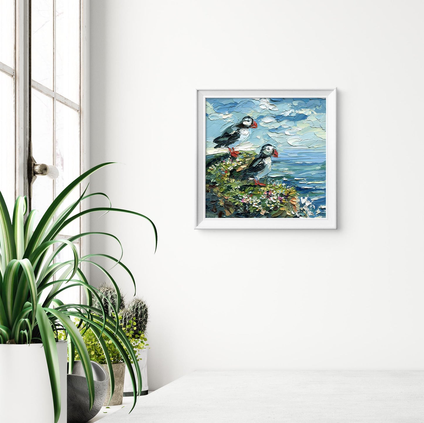 Original Ocean birds art, Puffin oil Painting, textured Coastal Seabird, cliff palette knife