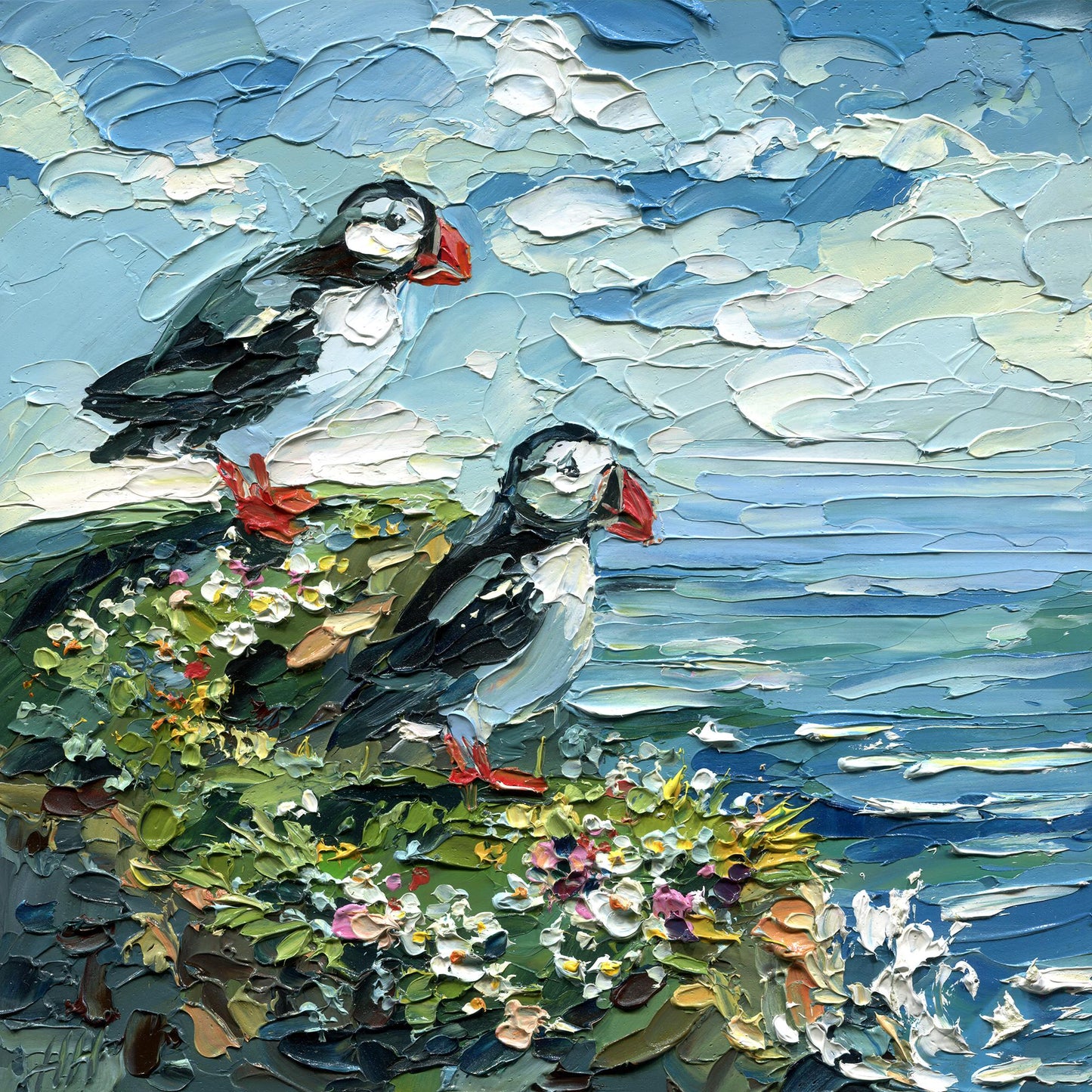 Original Ocean birds art, Puffin oil Painting, textured Coastal Seabird, cliff palette knife