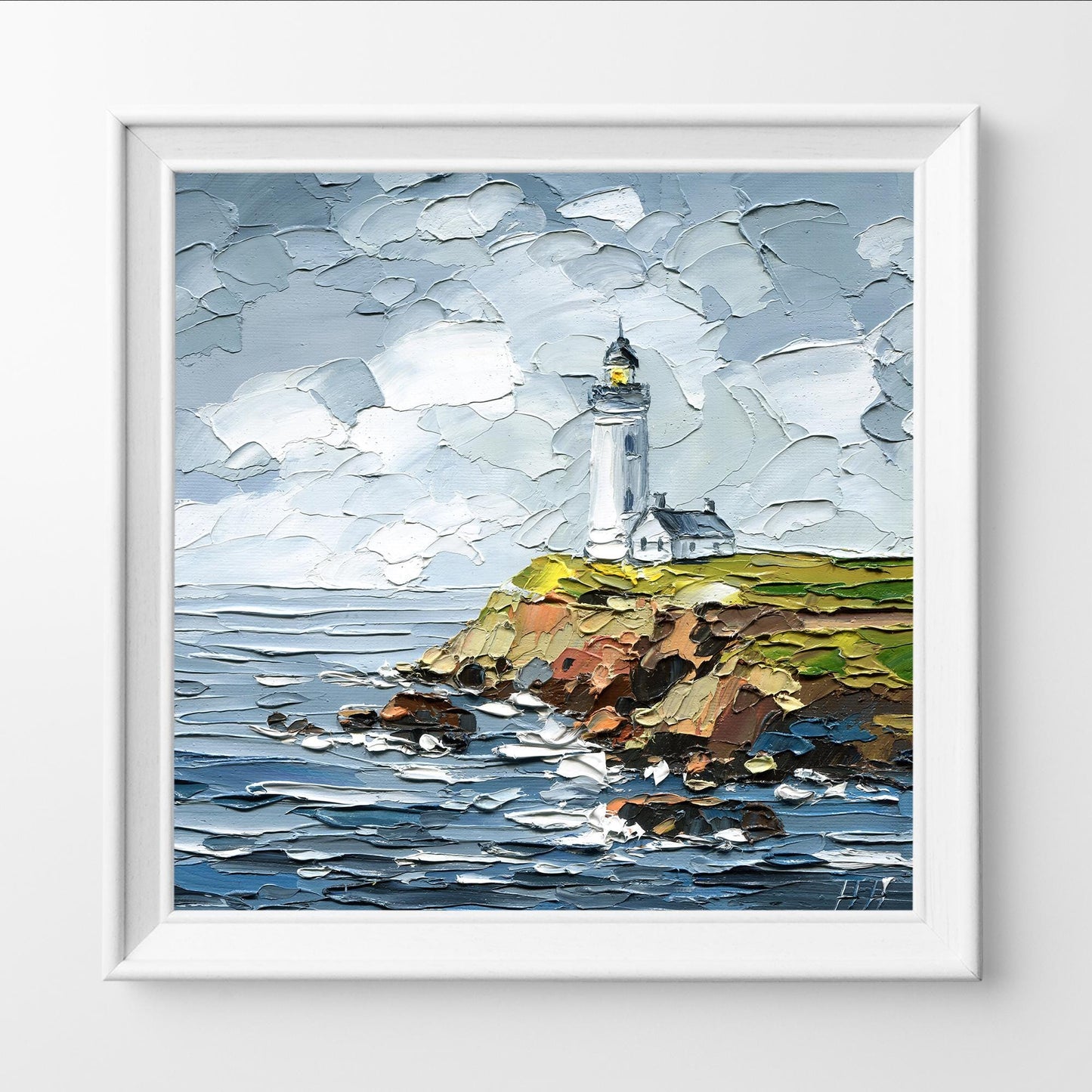 lighthouse Oil Painting: Pigeon Point Coastal Seascape Art, Original Rocky Cliffs, Impasto Ocean Waves