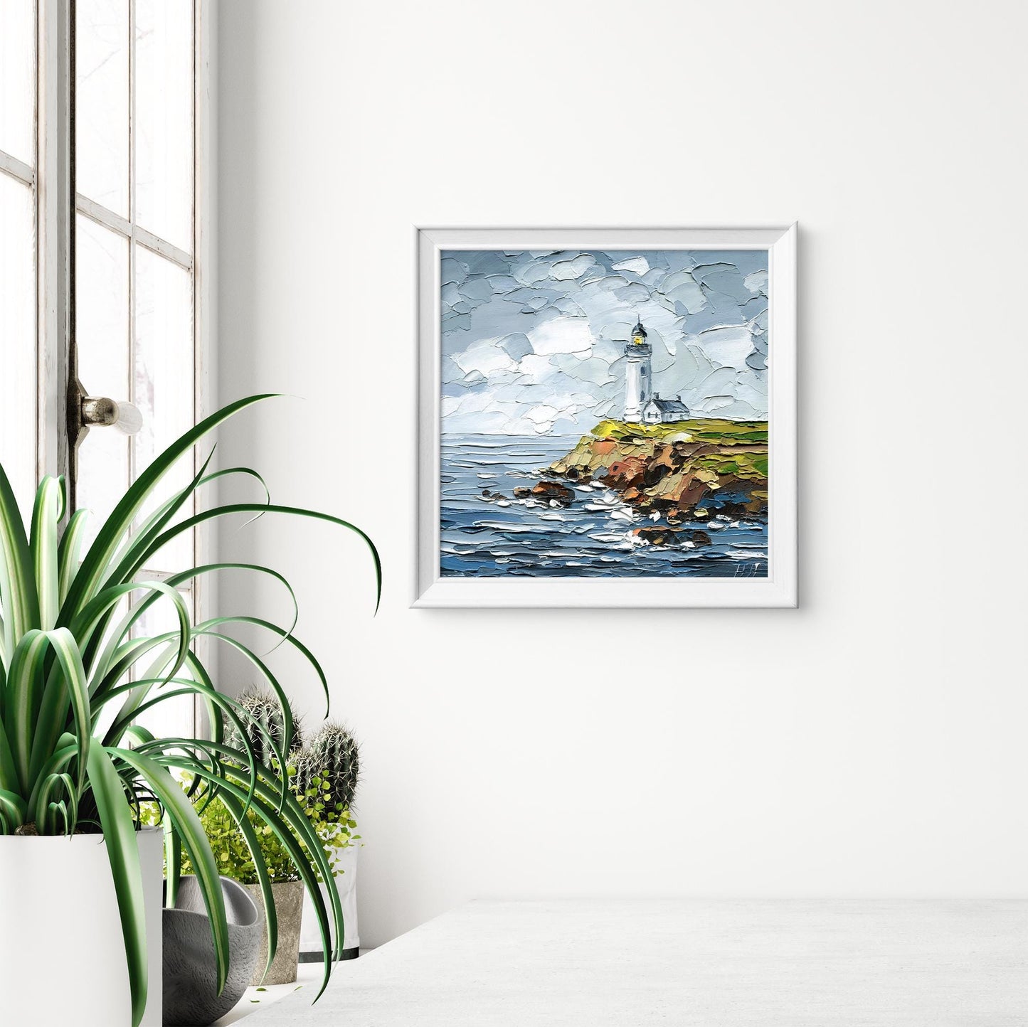lighthouse Oil Painting: Pigeon Point Coastal Seascape Art, Original Rocky Cliffs, Impasto Ocean Waves