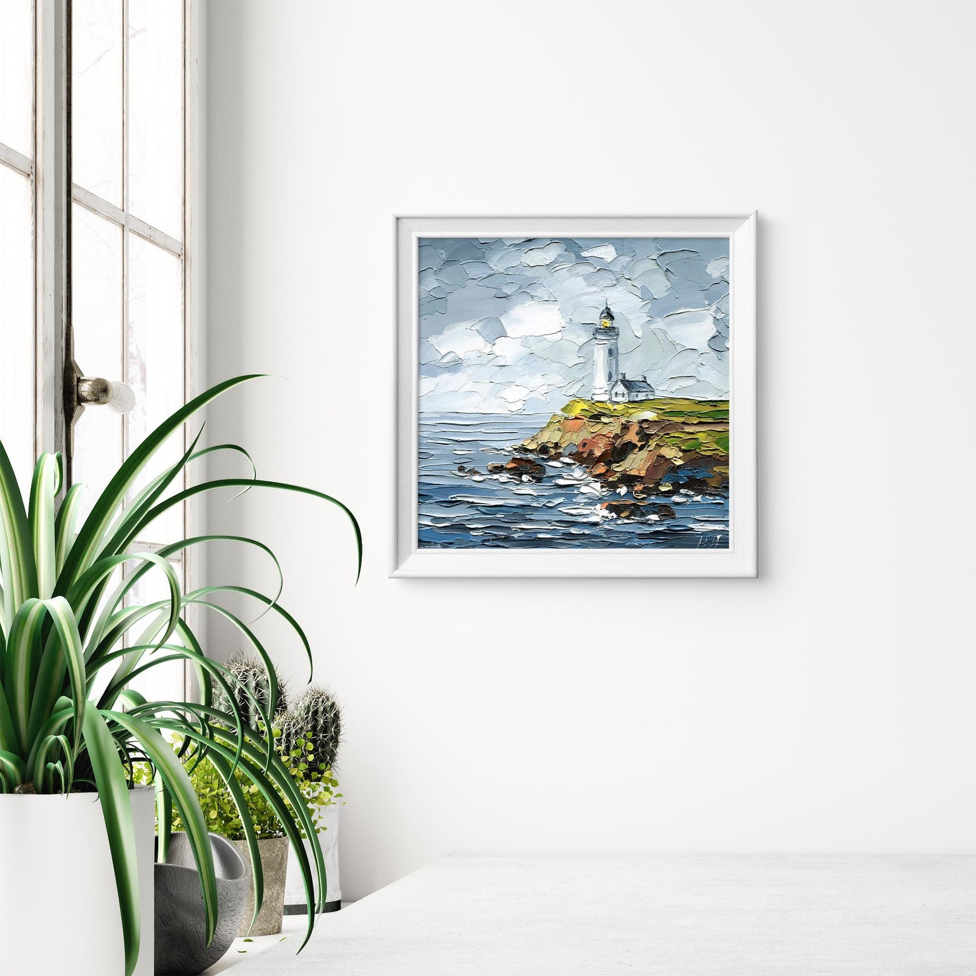 lighthouse Oil Painting: Pigeon Point Coastal Seascape Art, Original Rocky Cliffs, Impasto Ocean Waves