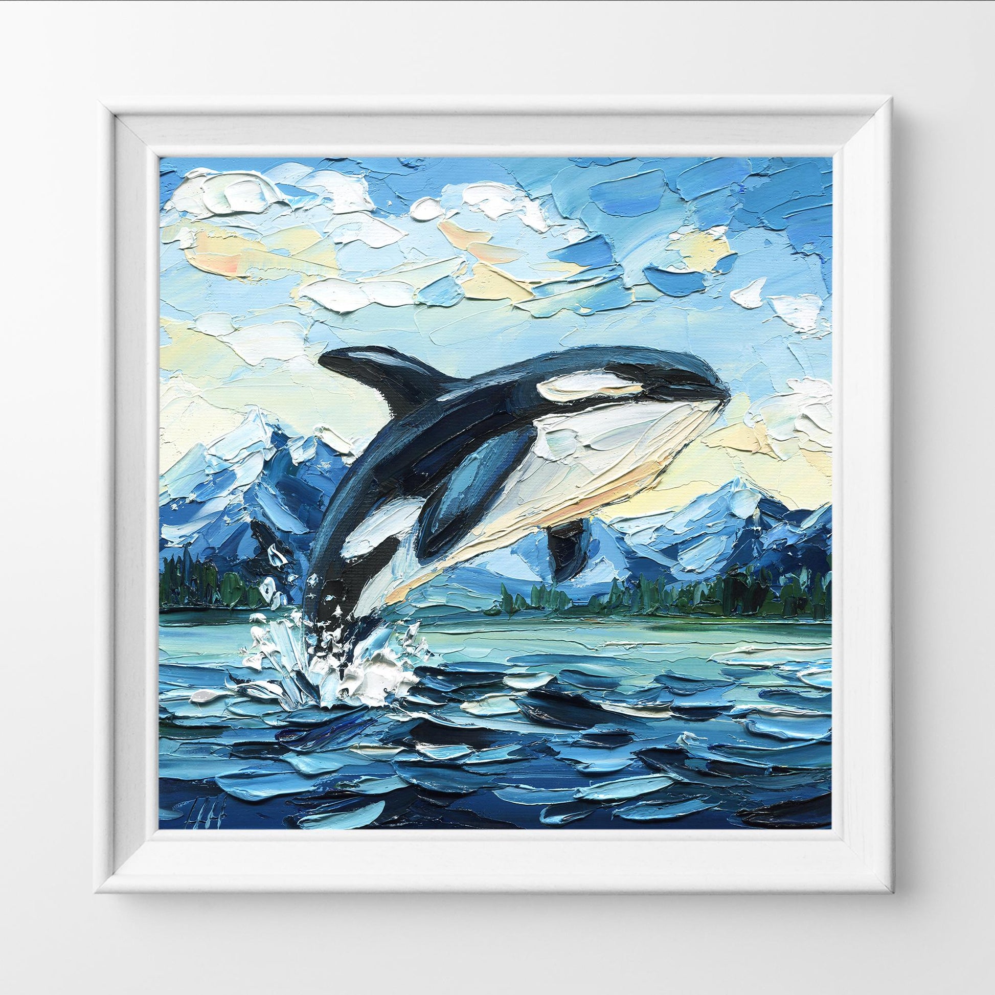 Original Orca Whale Art Oil Painting – Puget Sound Textured Palette Knife Ocean Lovers Gift