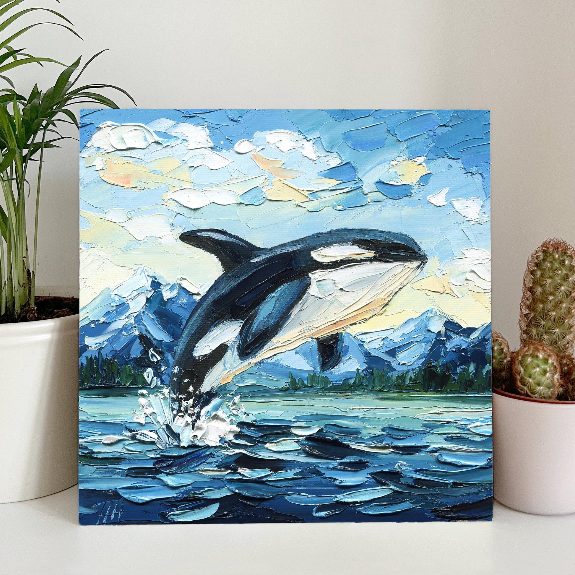 Original Orca Whale Art Oil Painting – Puget Sound Textured Palette Knife Ocean Lovers Gift