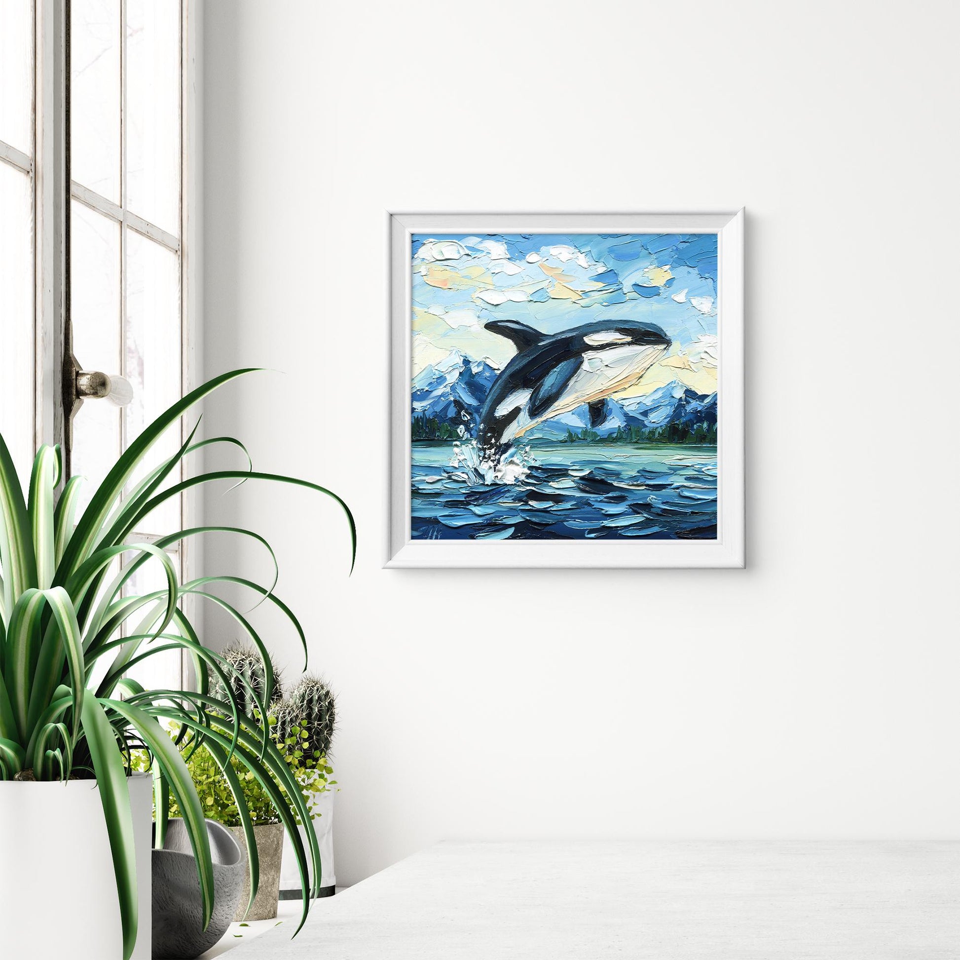 Original Orca Whale Art Oil Painting – Puget Sound Textured Palette Knife Ocean Lovers Gift