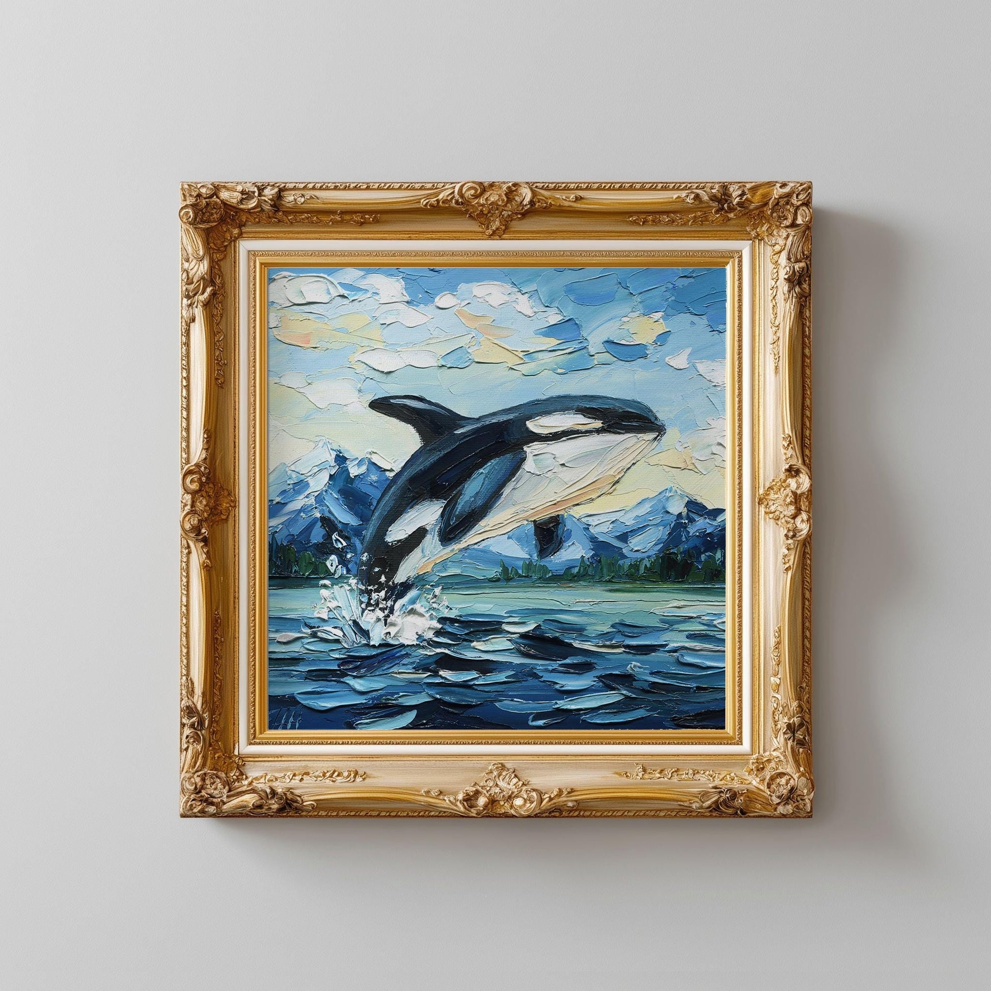 Original Orca Whale Art Oil Painting – Puget Sound Textured Palette Knife Ocean Lovers Gift